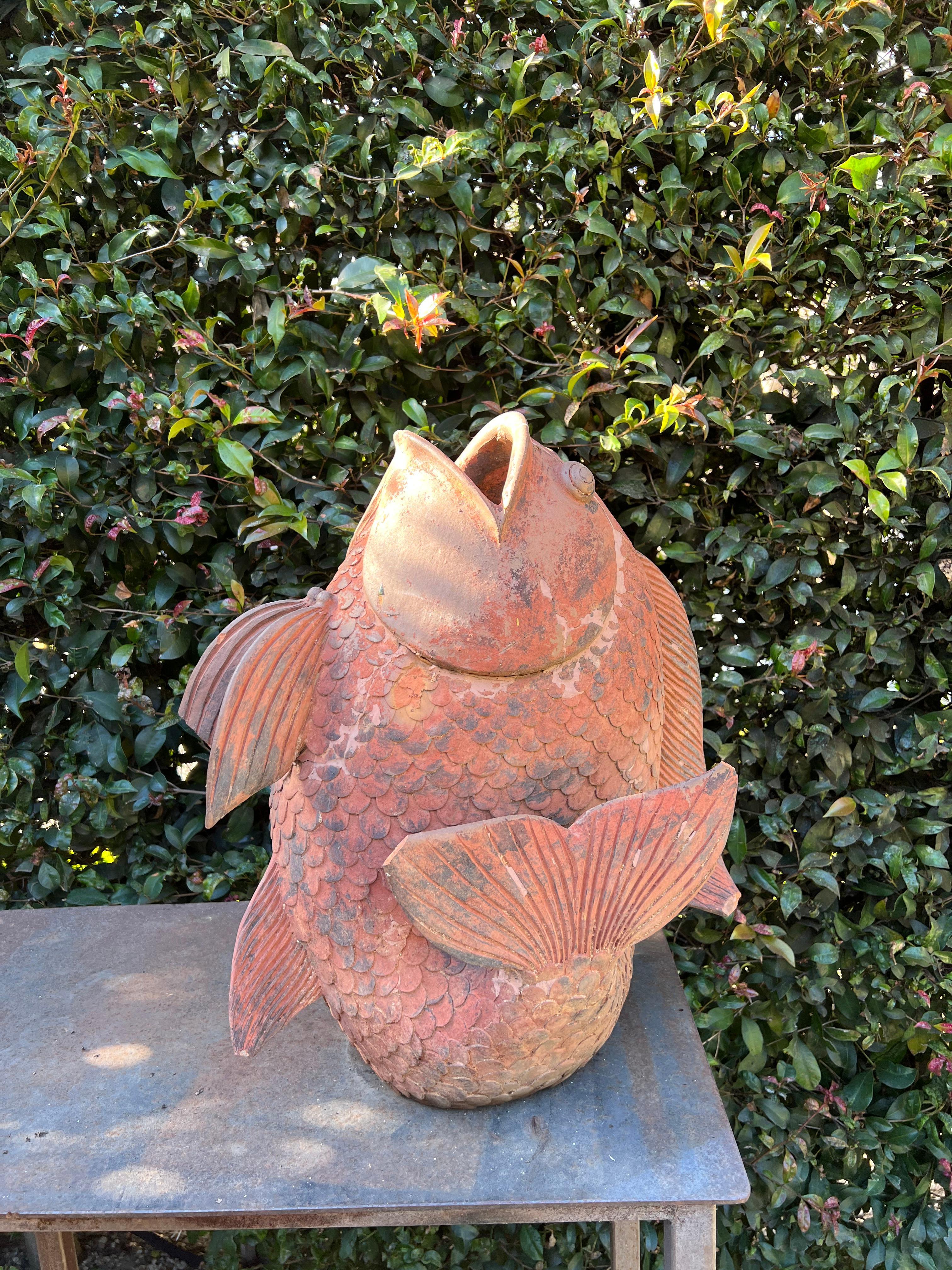 Terra Cotta Koi Fish Planter Garden Ornament In Good Condition In Los Angeles, CA