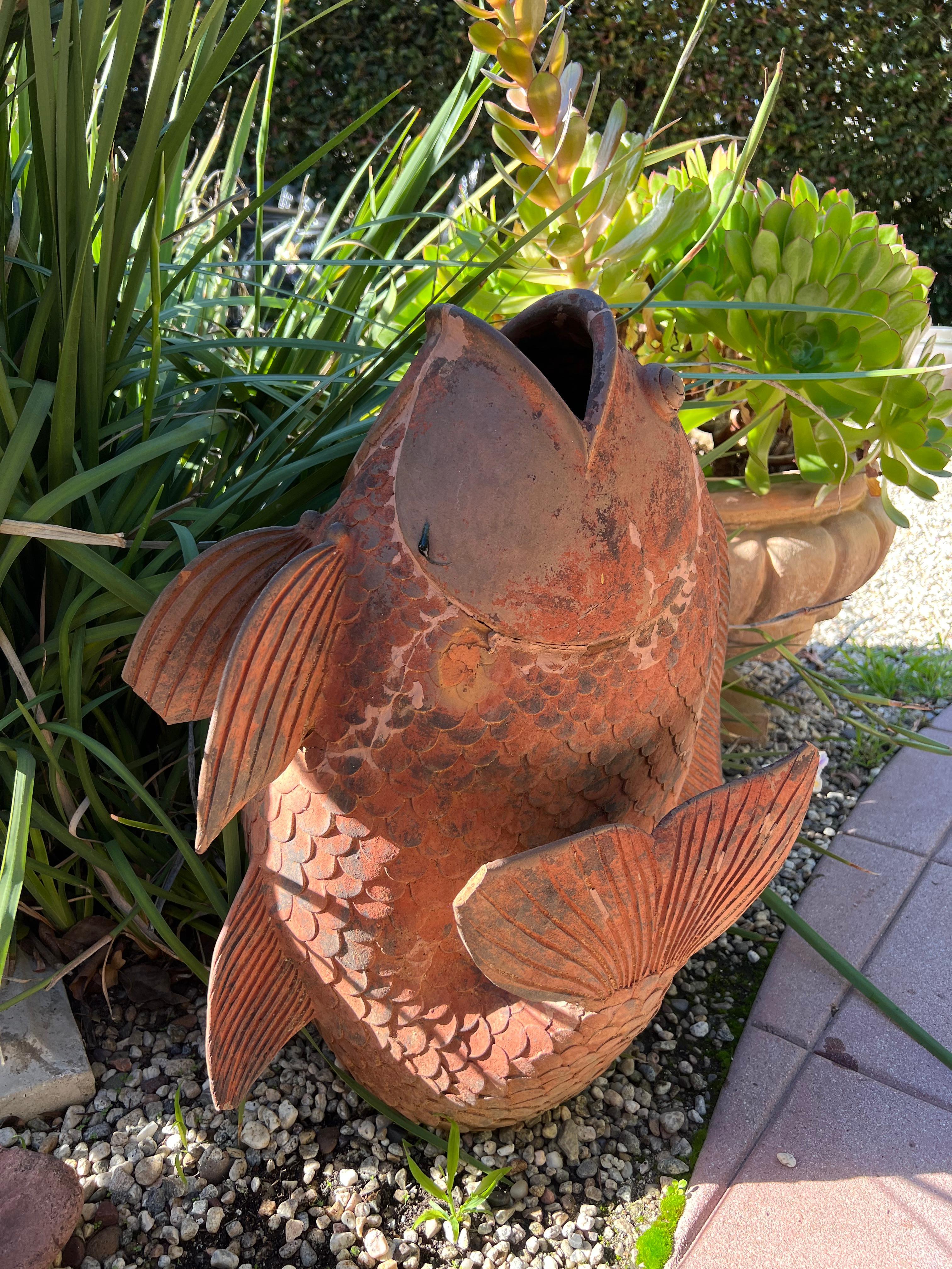 20th Century Terra Cotta Koi Fish Planter Garden Ornament