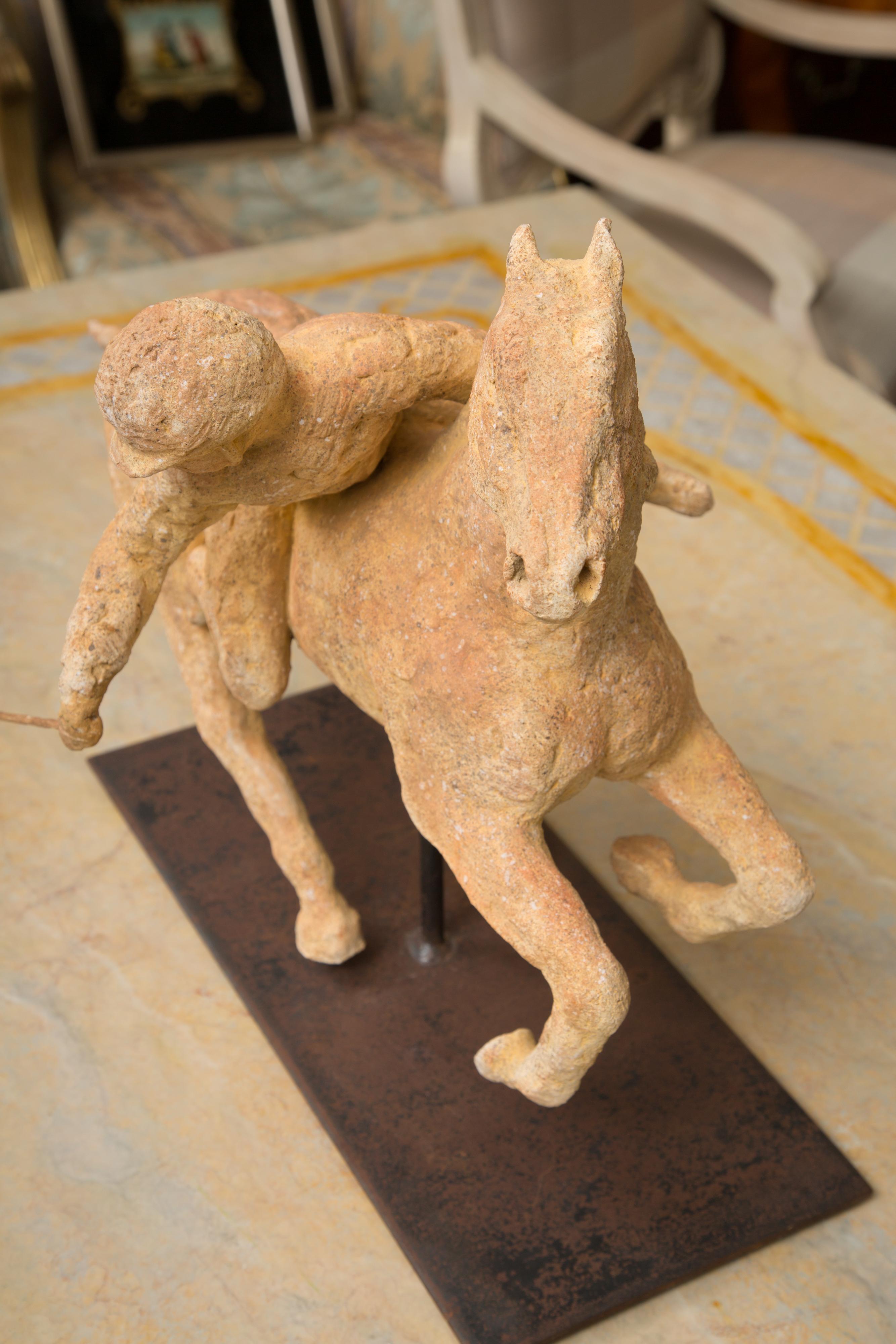 20th Century Terracotta Polo Player on a horse mounted on a Metal Stand by 