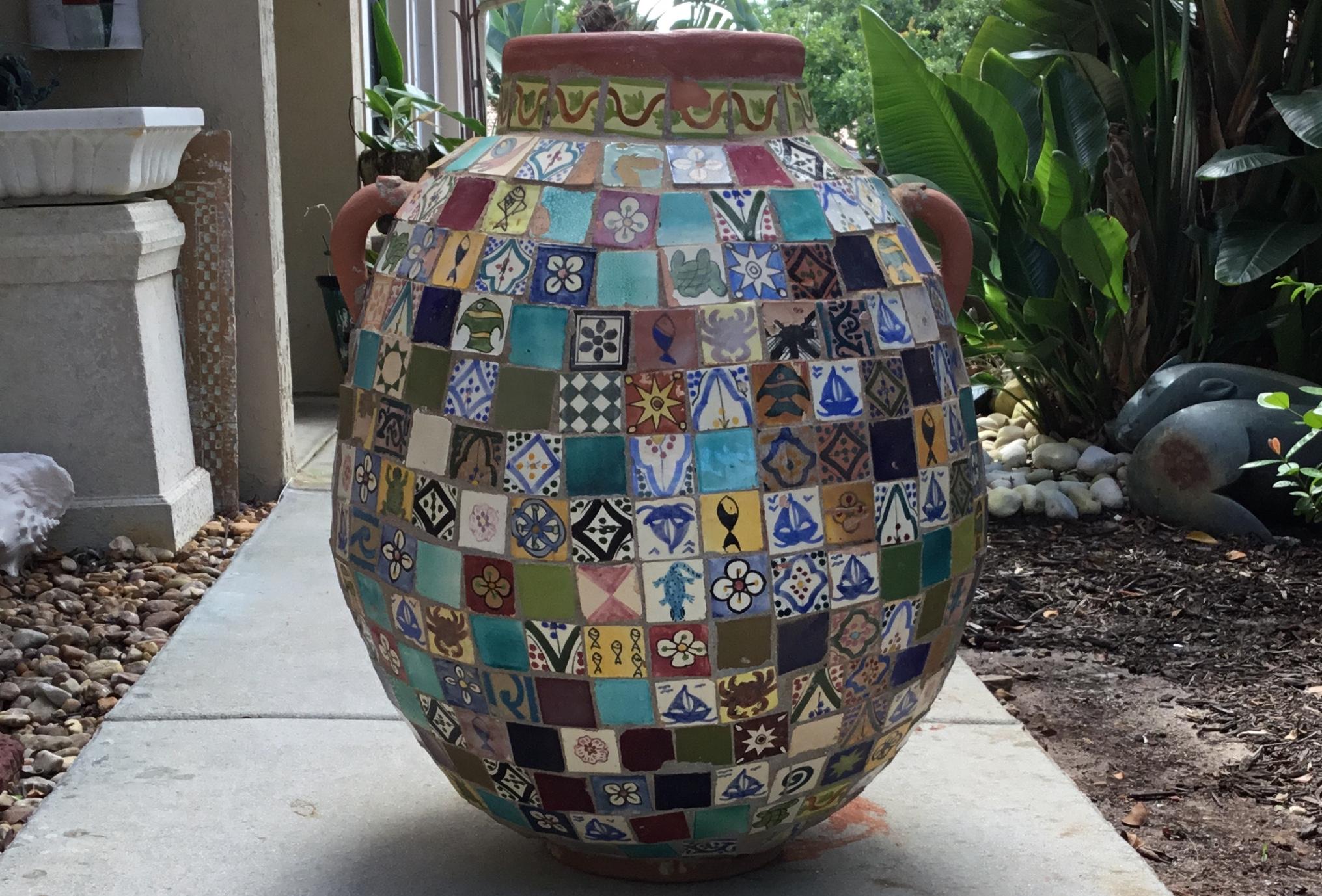 Terracotta Single Garden Vase Urn with Ceramic Tile Mosaic 6