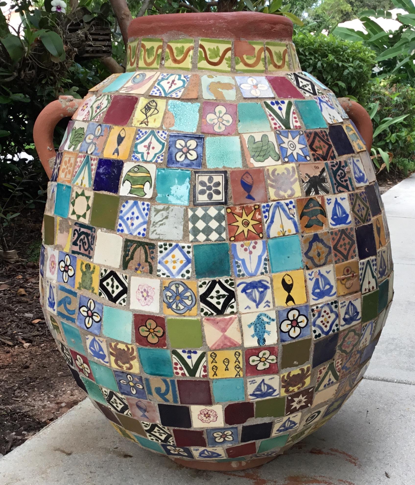 Terracotta Single Garden Vase Urn with Ceramic Tile Mosaic 14