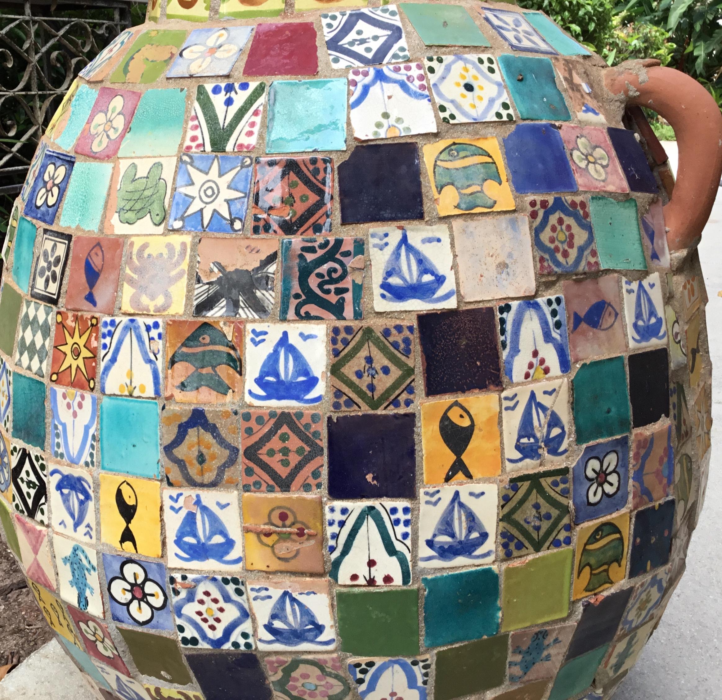 20th Century Terracotta Single Garden Vase Urn with Ceramic Tile Mosaic