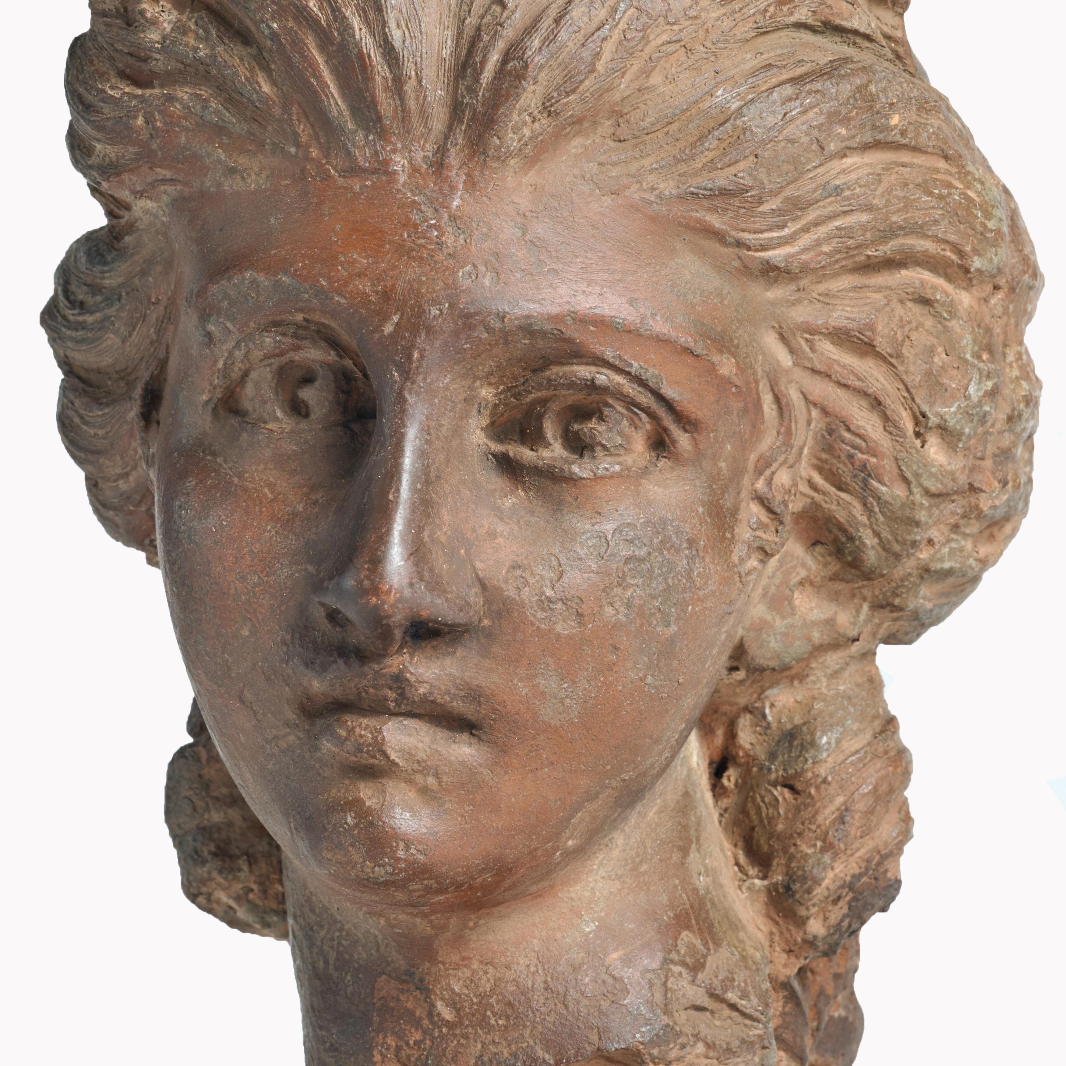 Terra Cotta Statue Fragment Depicting a Classic Woman's Head In Good Condition For Sale In Chicago, IL