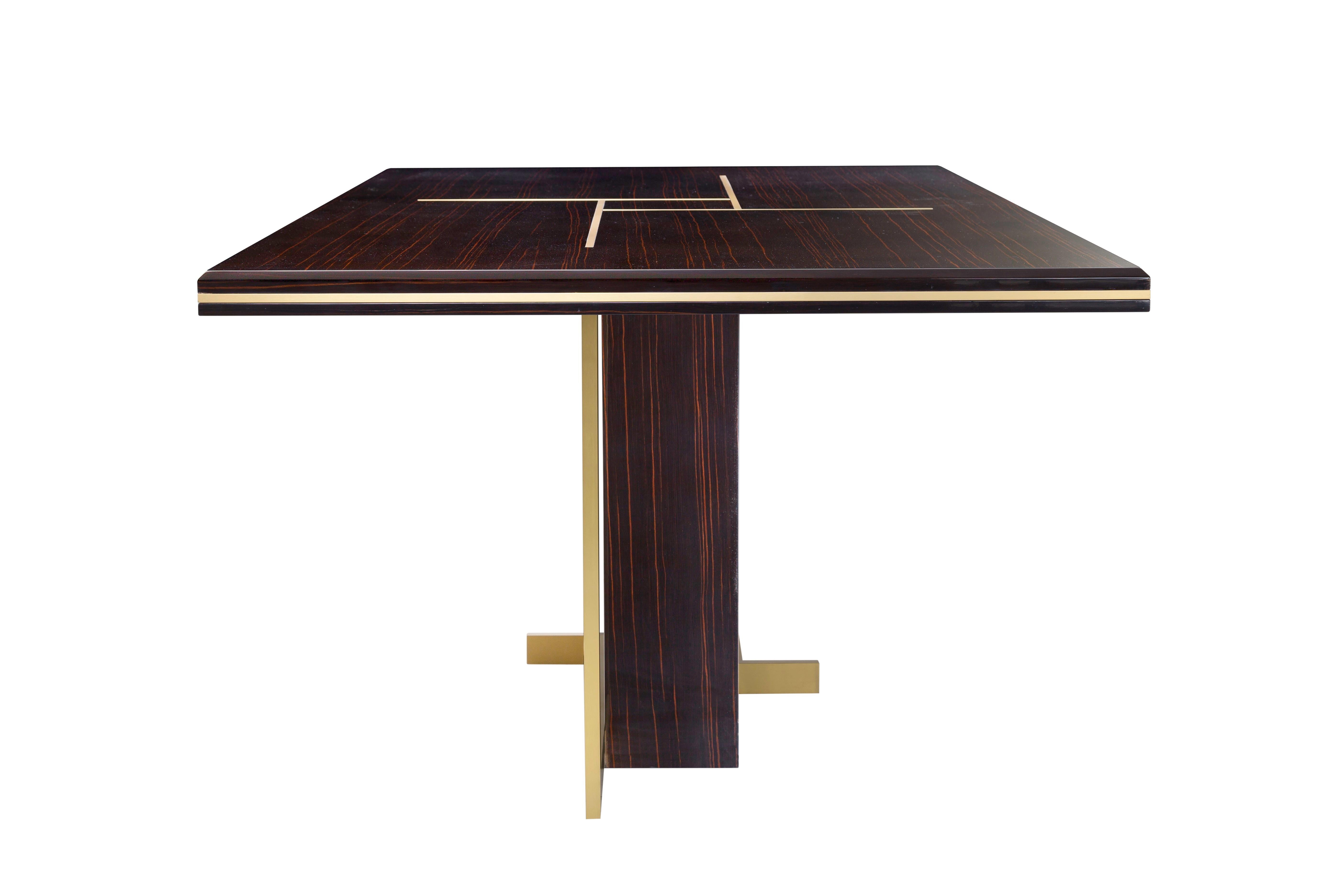 Modern Terra Dining Table in Ebony Makassar and Brushed Brass Base and Trims For Sale