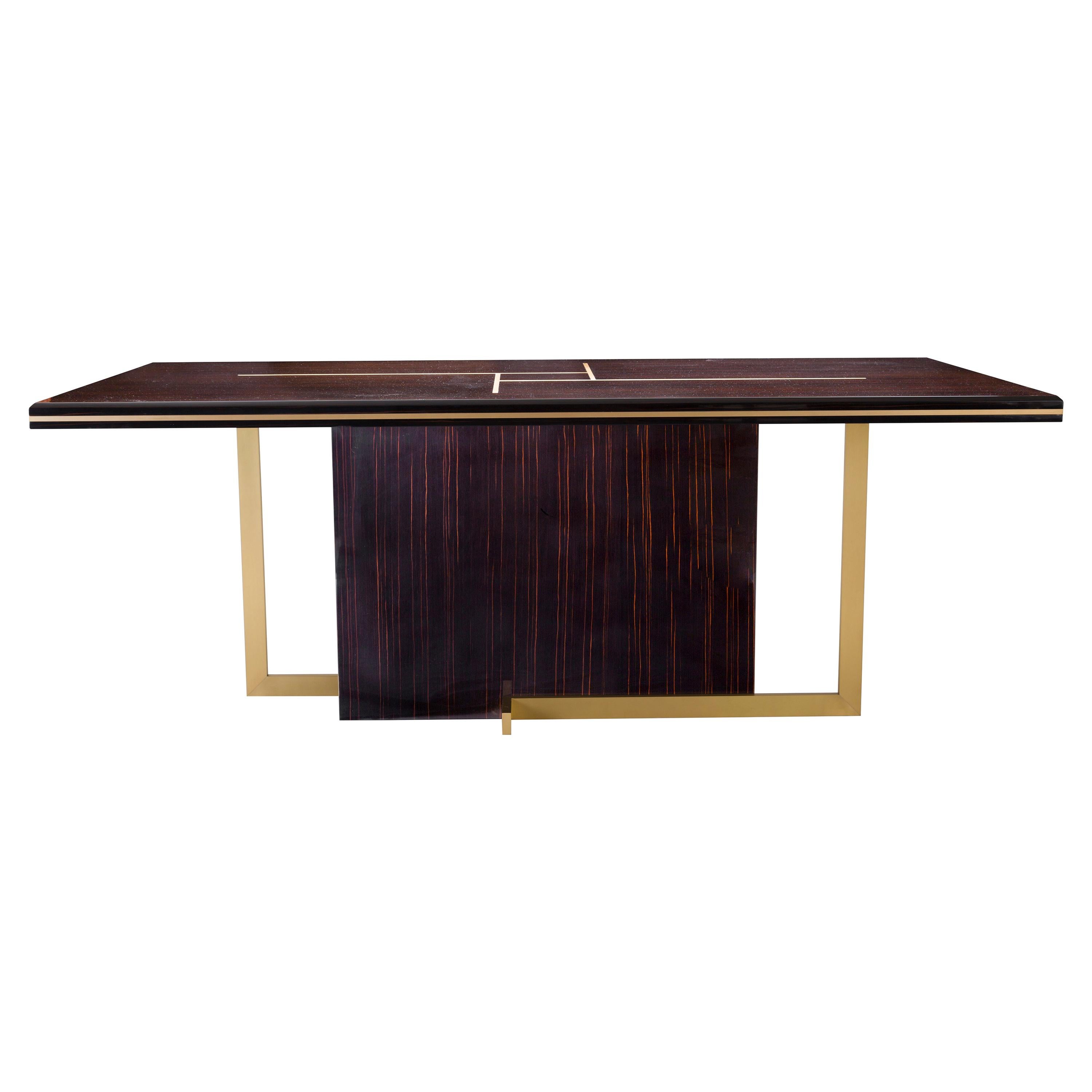 Terra Dining Table in Ebony Makassar and Brushed Brass Base and Trims For Sale