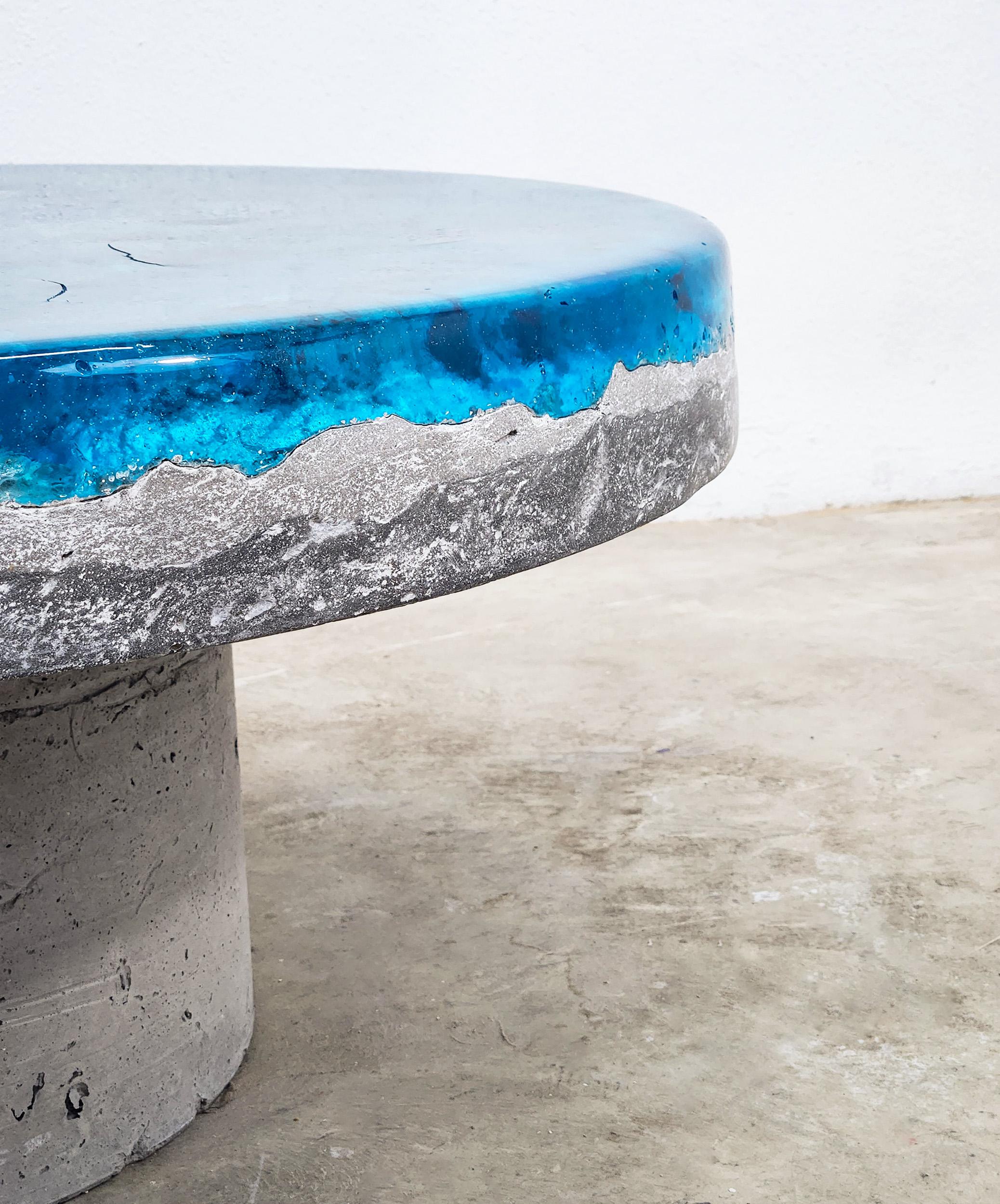 Contemporary Terra Forma Coffee Table Aquamarine Resin and Concrete For Sale