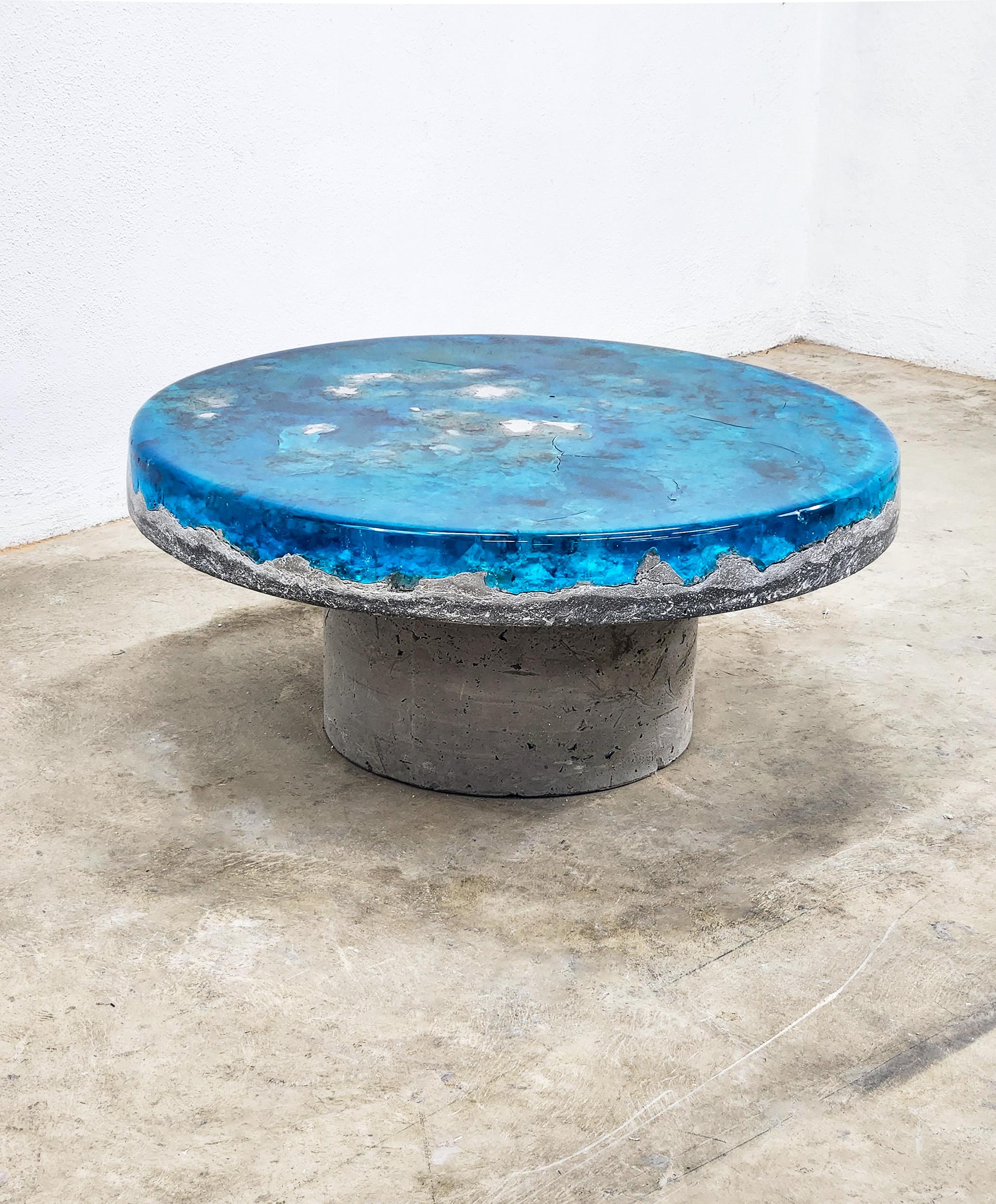 Epoxy Resin Terra Forma Coffee Table Aquamarine Resin and Concrete For Sale
