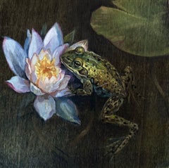 "Afloat" - Contemporary Frog and Water Lily Oil Painting, 2026