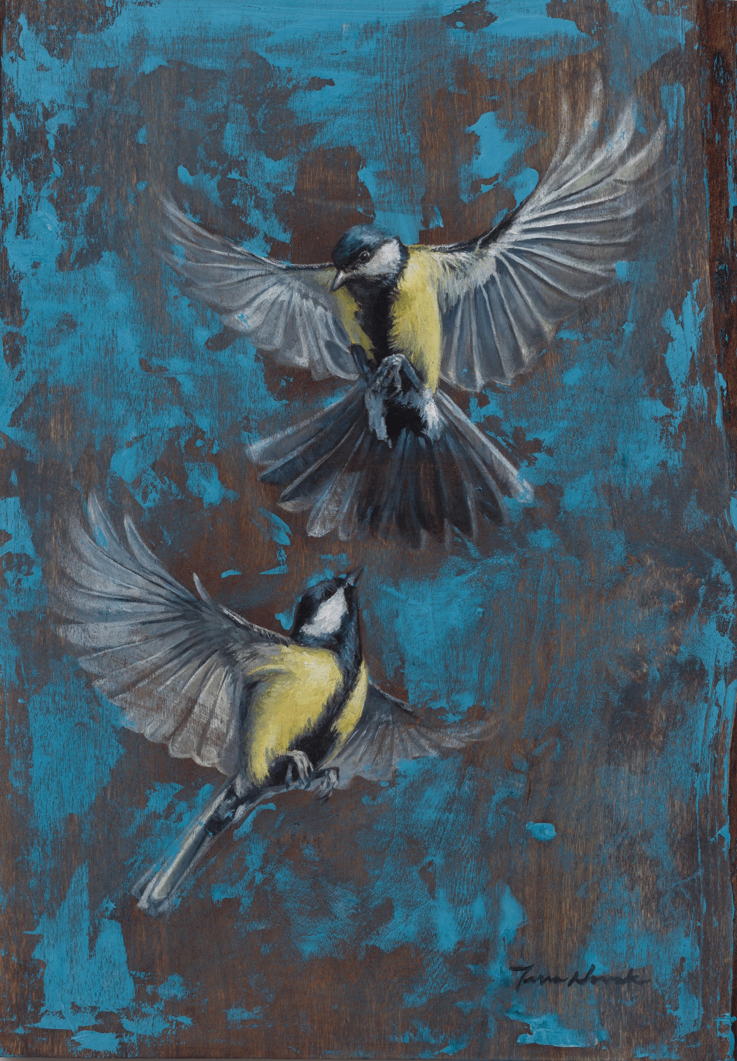 "Vögel im Flug" - Ölgemälde von Vögeln auf Birke