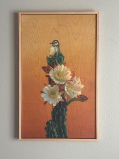 "Cactus Wren and Desert Bloom" - Realist Animal Portrait, Oil Painting on Wood