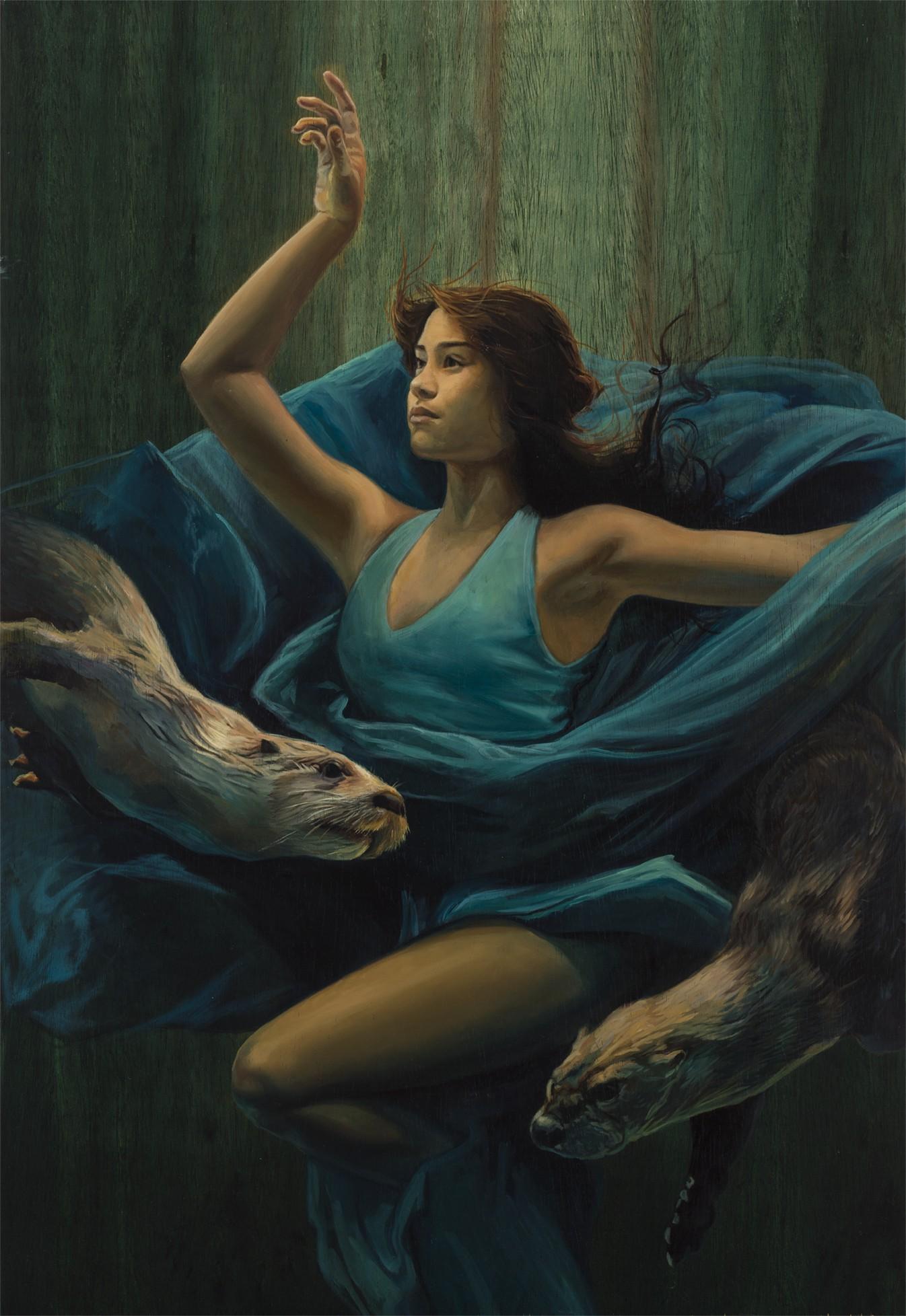 "Calm in the Chaos" - Realist Female Portrait and Flora, Oil Painting on Wood