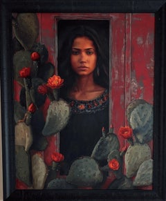 "Resilience in Bloom" - Portrait réaliste de femme et flore, peinture à l'huile sur Wood