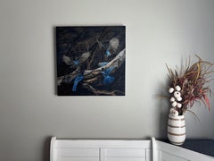 "Stellar Jays on Birch" - Realist Animal Still-Life, Oil Painting