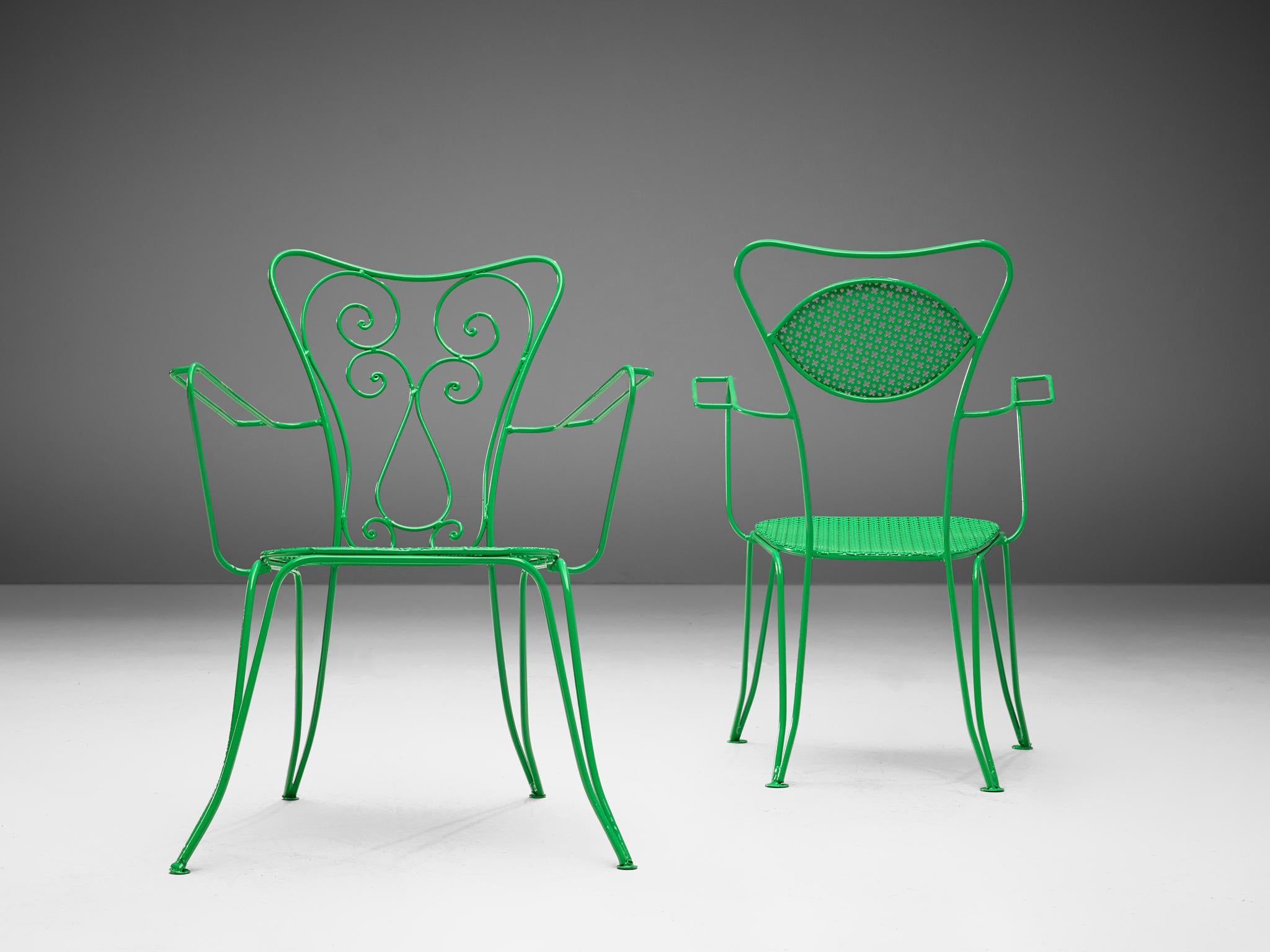 Metal  Set of Italian Patio Chairs in Green Lacquered Steel For Sale