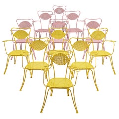 Large Set of Italian Patio Chairs in Pink and Yellow Lacquered Steel