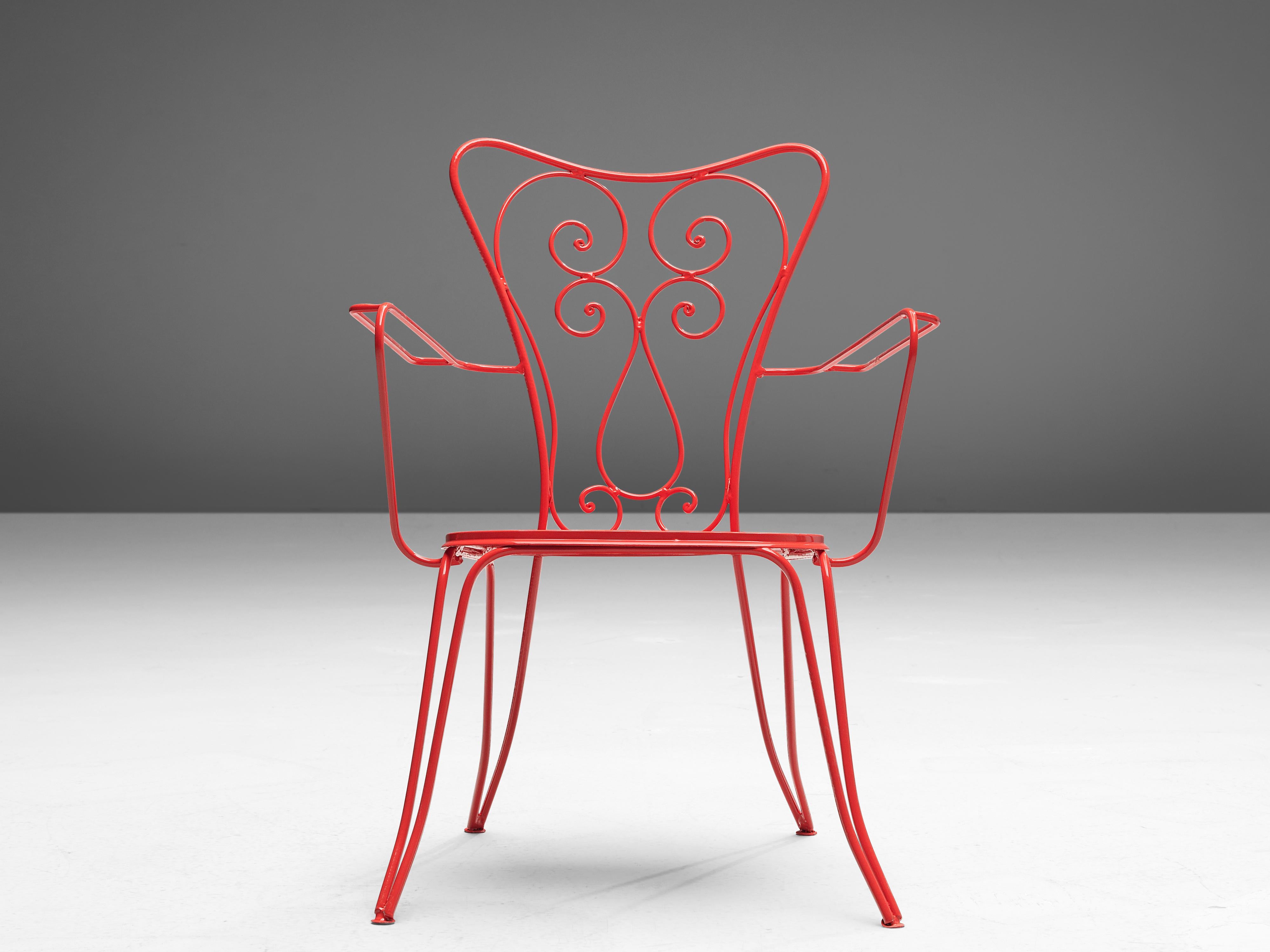 Large Set of Italian Patio Chairs in Red Lacquered Metal For Sale 3