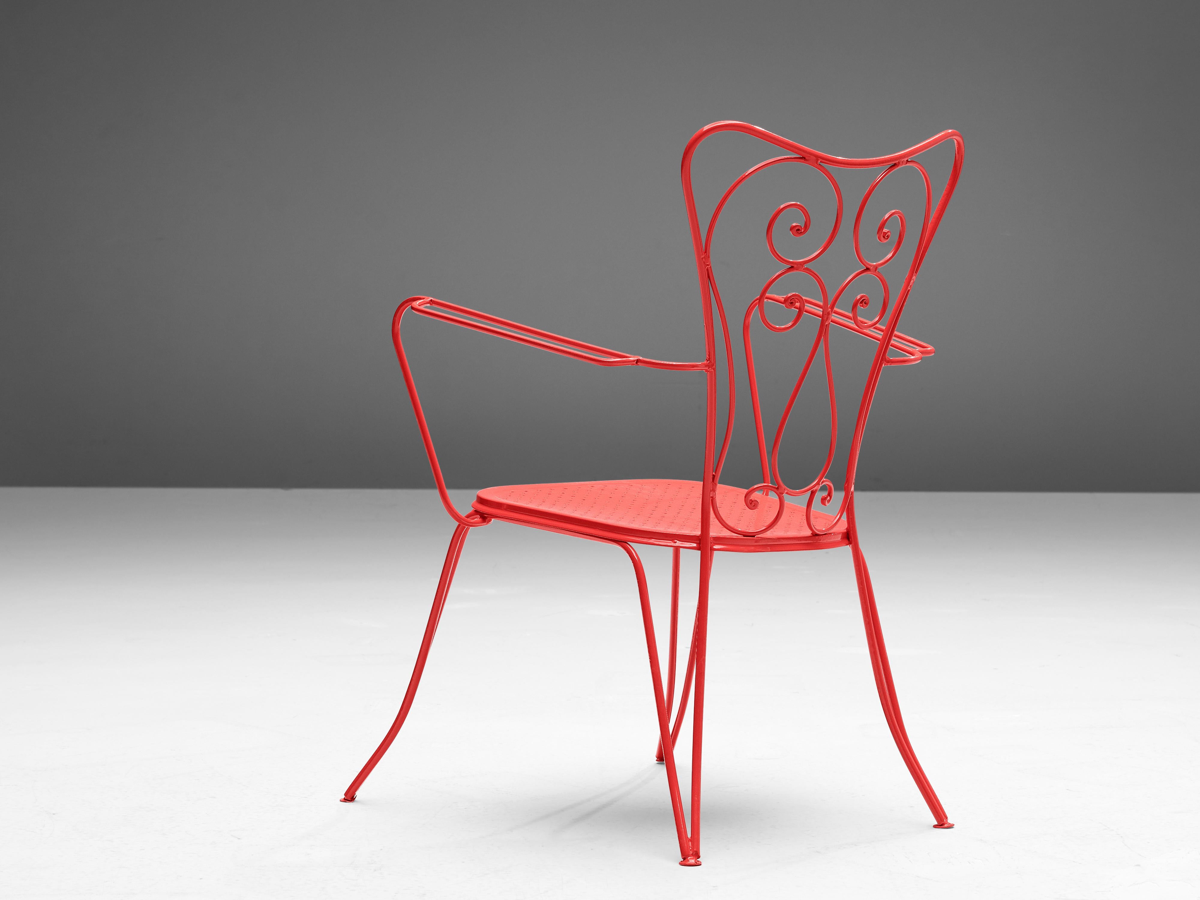 Large Set of Italian Patio Chairs in Red Lacquered Metal For Sale 8
