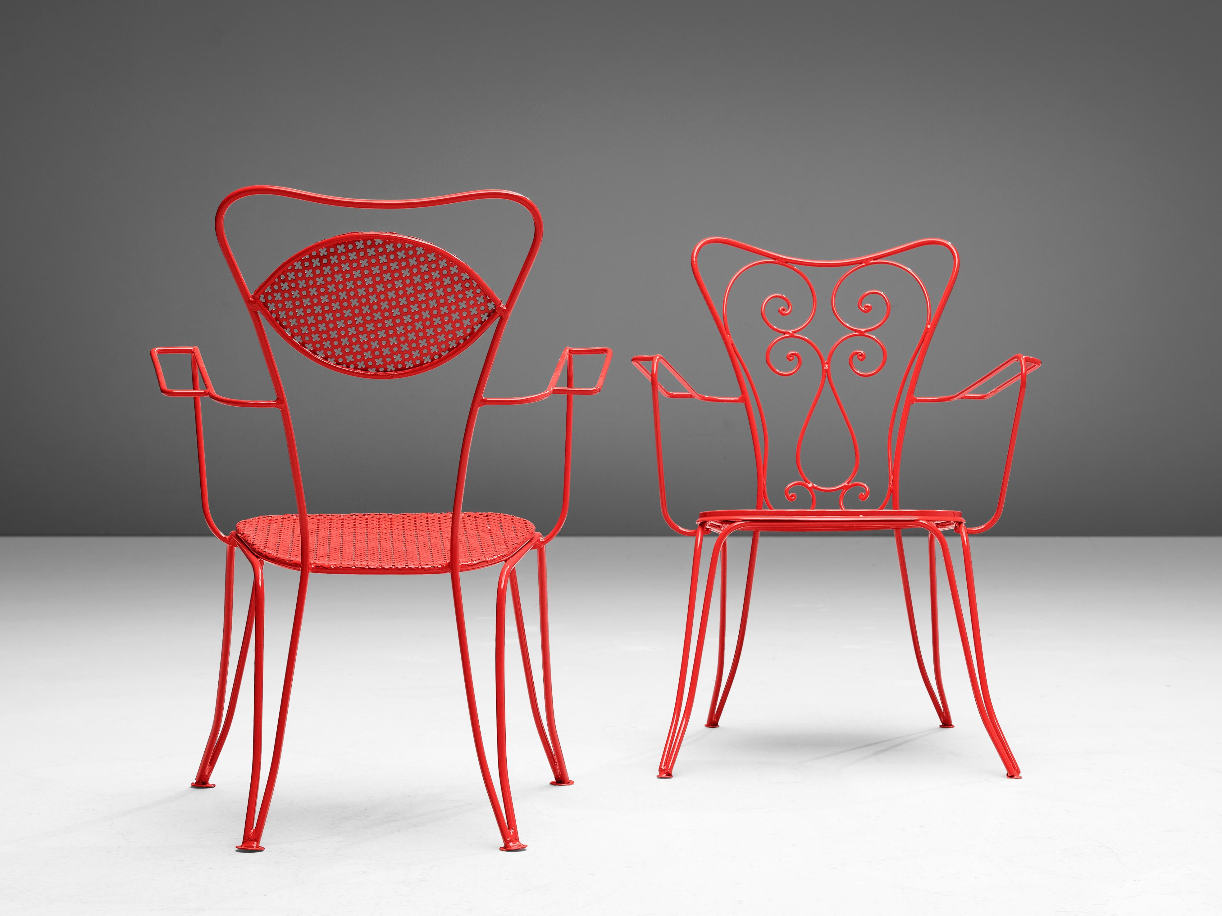 red metal patio chairs