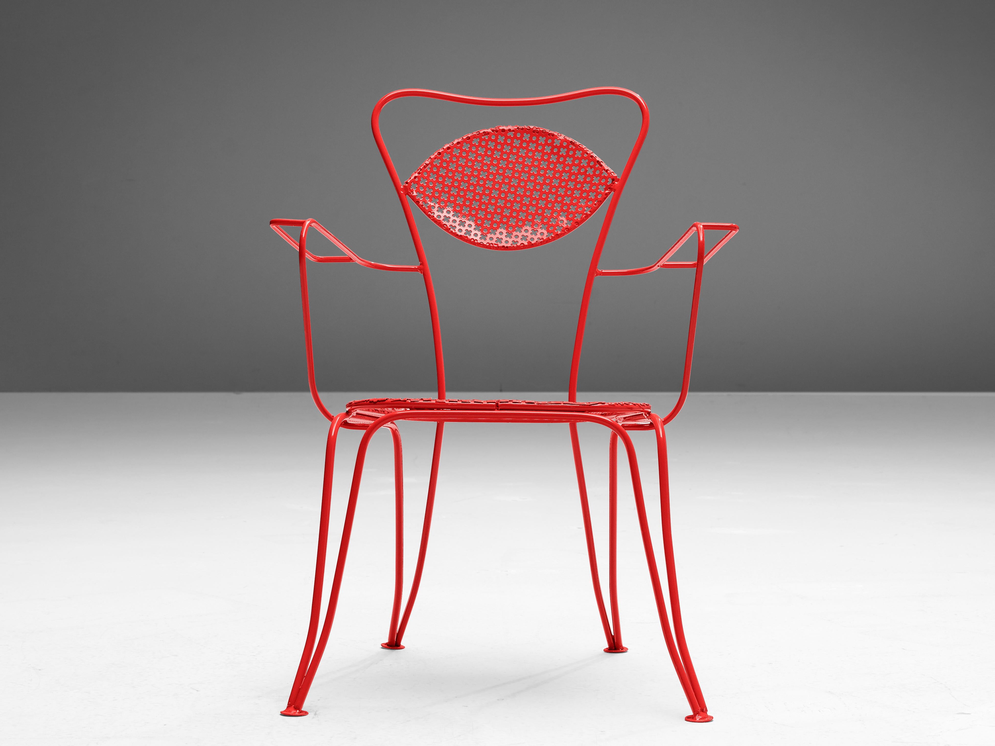 Large Set of Italian Patio Chairs in Red Lacquered Metal For Sale 1