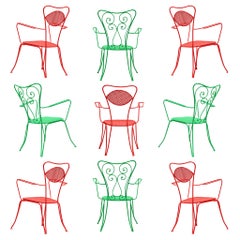 Vintage Large Set of Italian Patio Chairs in Red and Green Lacquered Steel