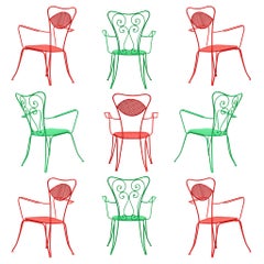 Grand ensemble de chaises de patio italiennes en acier laqué rouge et vert