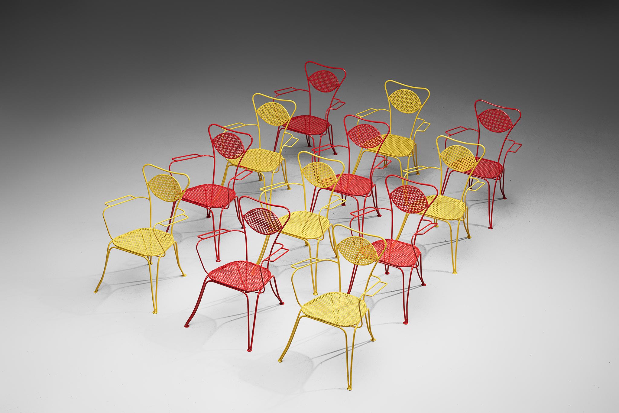 Large set of dining chairs, yellow colored metal, Italy, 1960s.

Very large set of metal chairs in a vibrant colors. The chairs have an elegant, bold design, as is quintessential of Italian patio chairs. Curved shapes and thin armrests form the