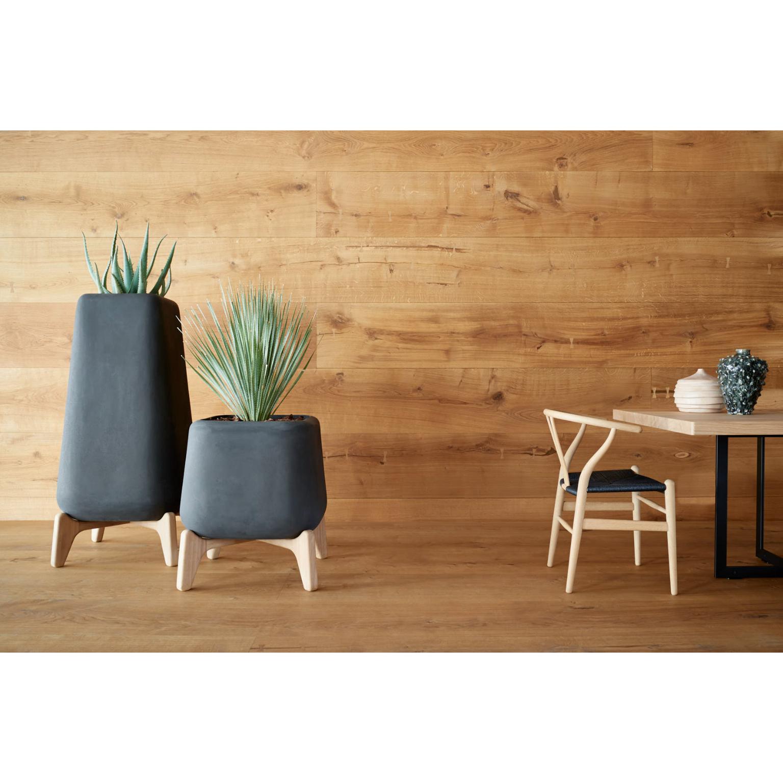 Terra Quadratisches XS Sandstein-Pflanzgefäß aus Terra mit geöltem Holzsockel von Indigenus (21. Jahrhundert und zeitgenössisch) im Angebot