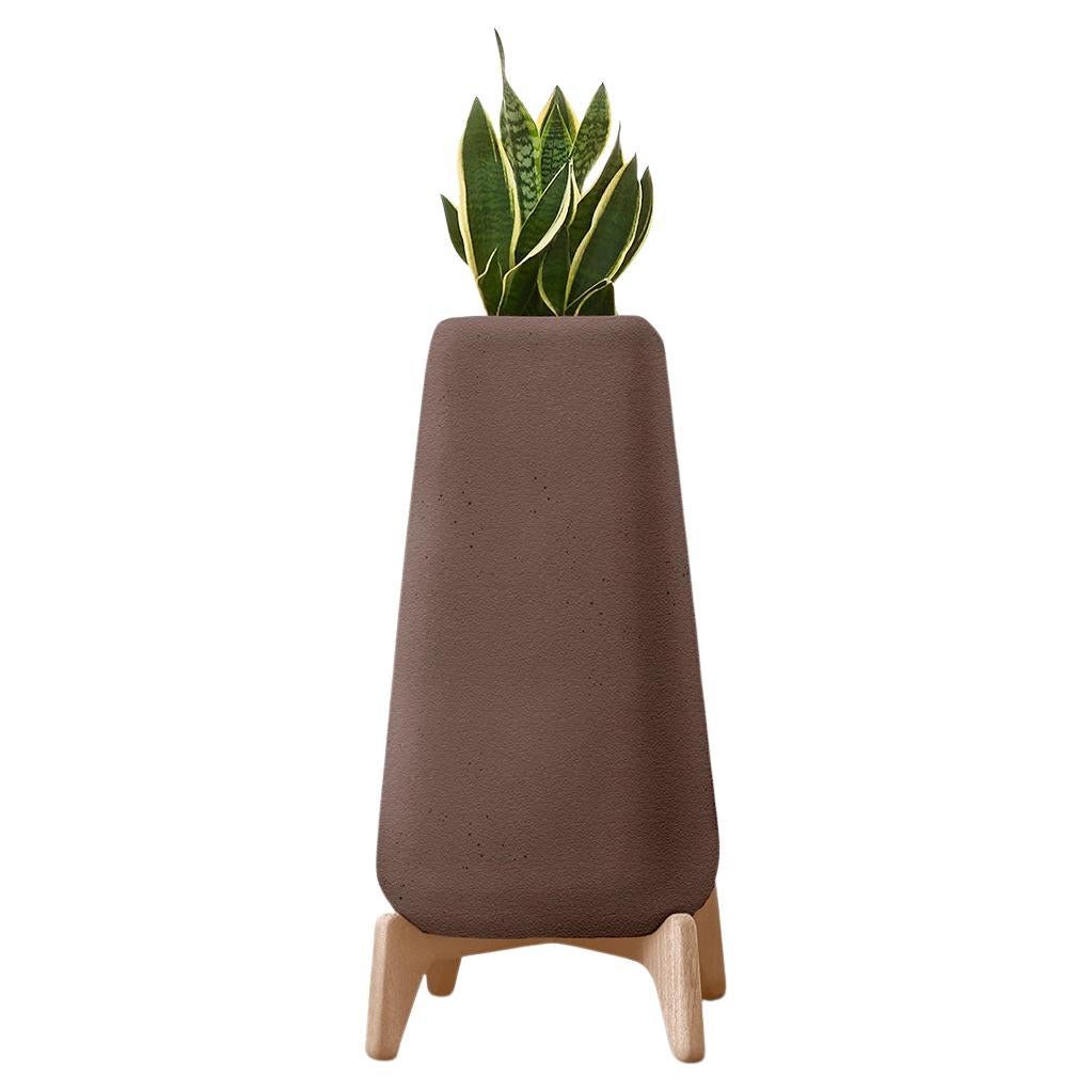 Terra Tall Brown Planter With Natural Wood Base by Indigenus