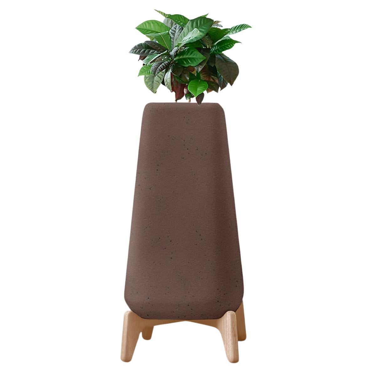 Terra Tall XS Brown Planter With Natural Wood Base by Indigenus For Sale
