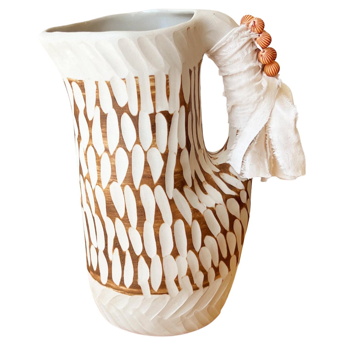 Terra Whimsical Handmade Ceramic Jug in Sienna and White w/ Fabric and Beads For Sale