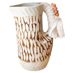 Terra Whimsical Handmade Ceramic Jug in Sienna and White w/ Fabric and Beads