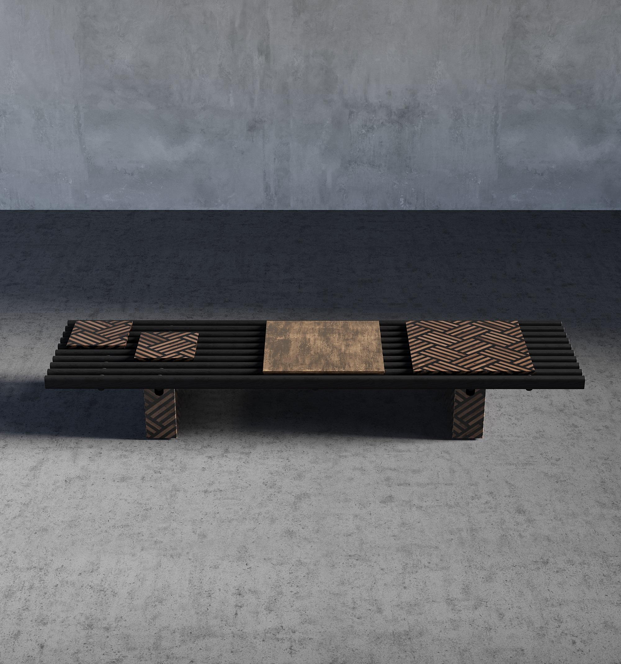 Indian Terra Wood Inlay Coffee Table with Metal Accent For Sale