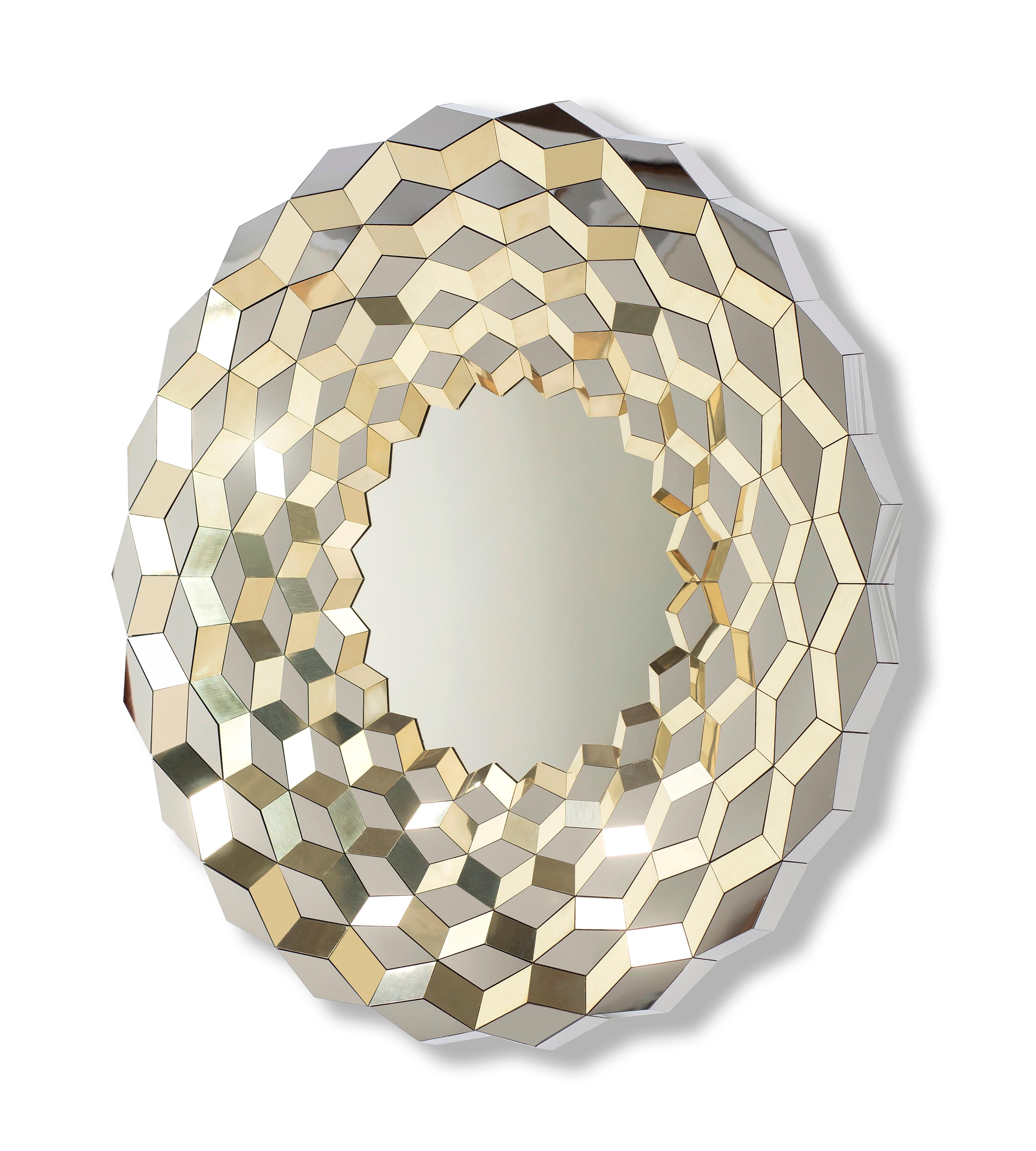 Terrace mirror by Jake Phipps
Dimensions: ø 120 x 13 cm
Materials: Polished stainless steel and brass

Bespoke sizes available

Of all things, a long haul flight to China helped inspire this facetted mirror. When seen from the air, the still