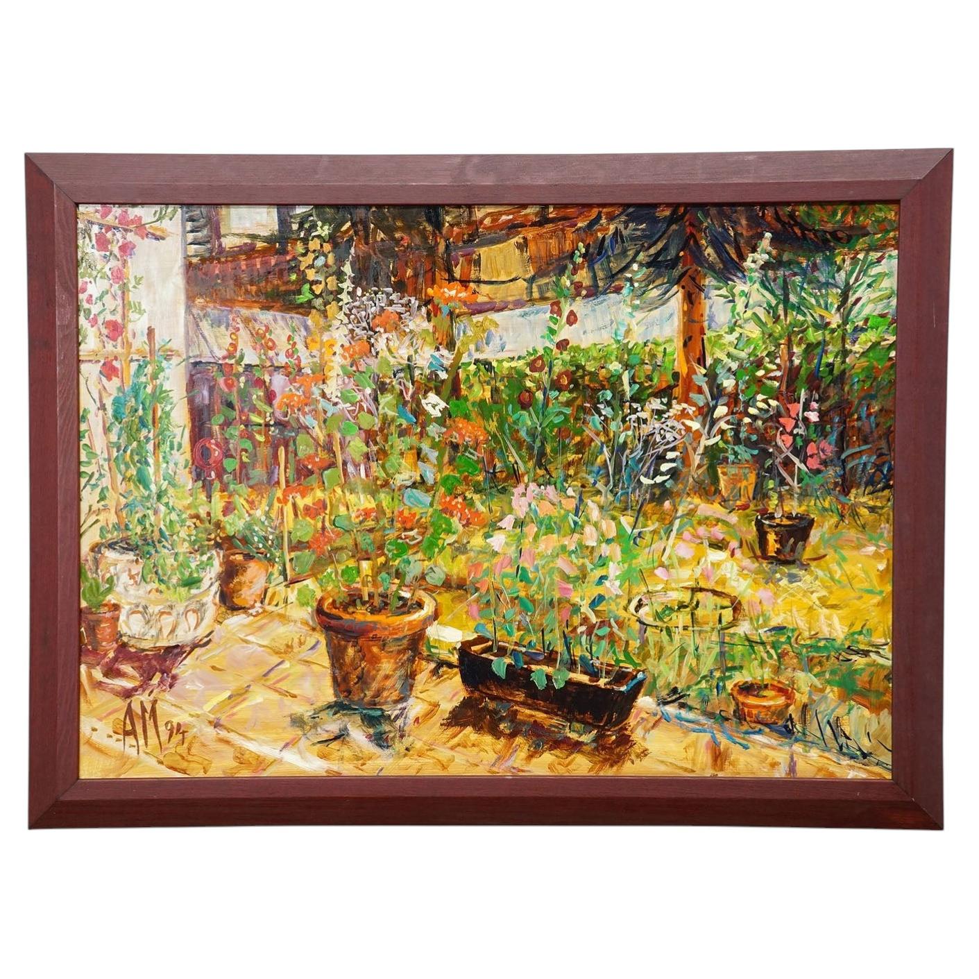 Terrace with Geranium Pot, 1994 – Oil Painting by Alexander Michael For Sale