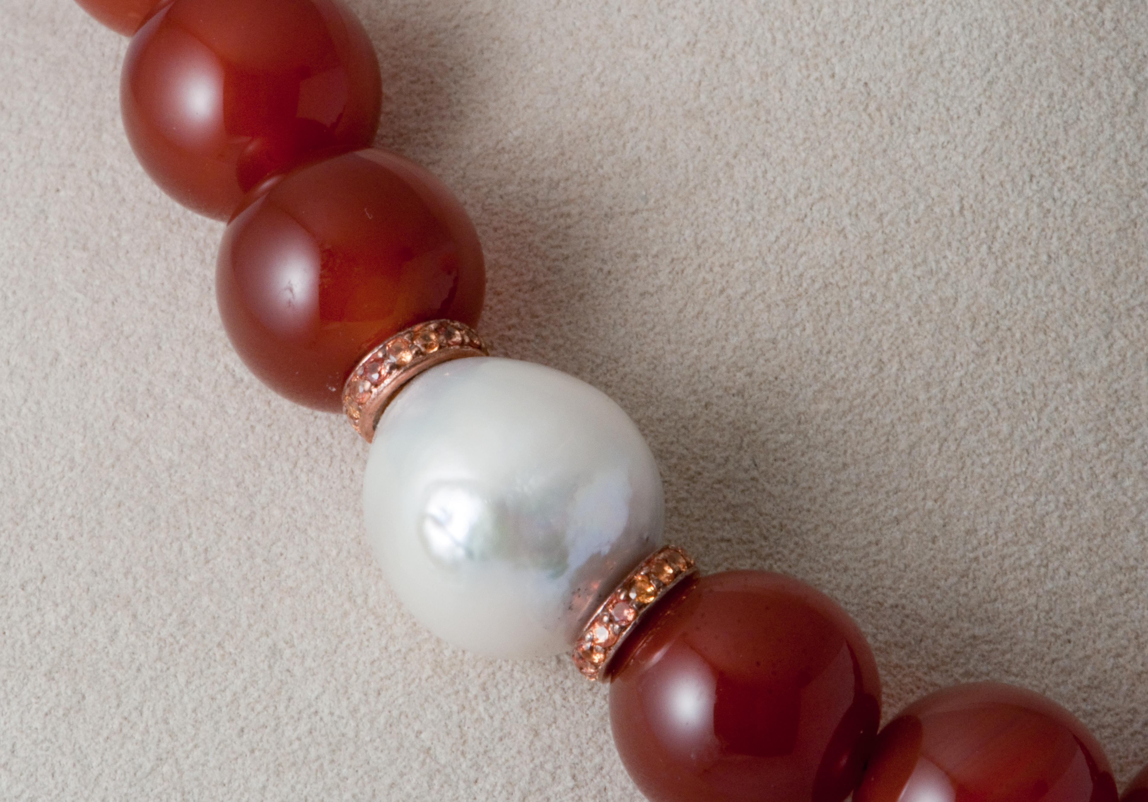 Contemporary Terracotta Agates Orange Sapphires and Freshwater Pearl Gold Beaded Necklace
