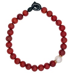 Terracotta Agates Orange Sapphires and Freshwater Pearl Gold Beaded Necklace