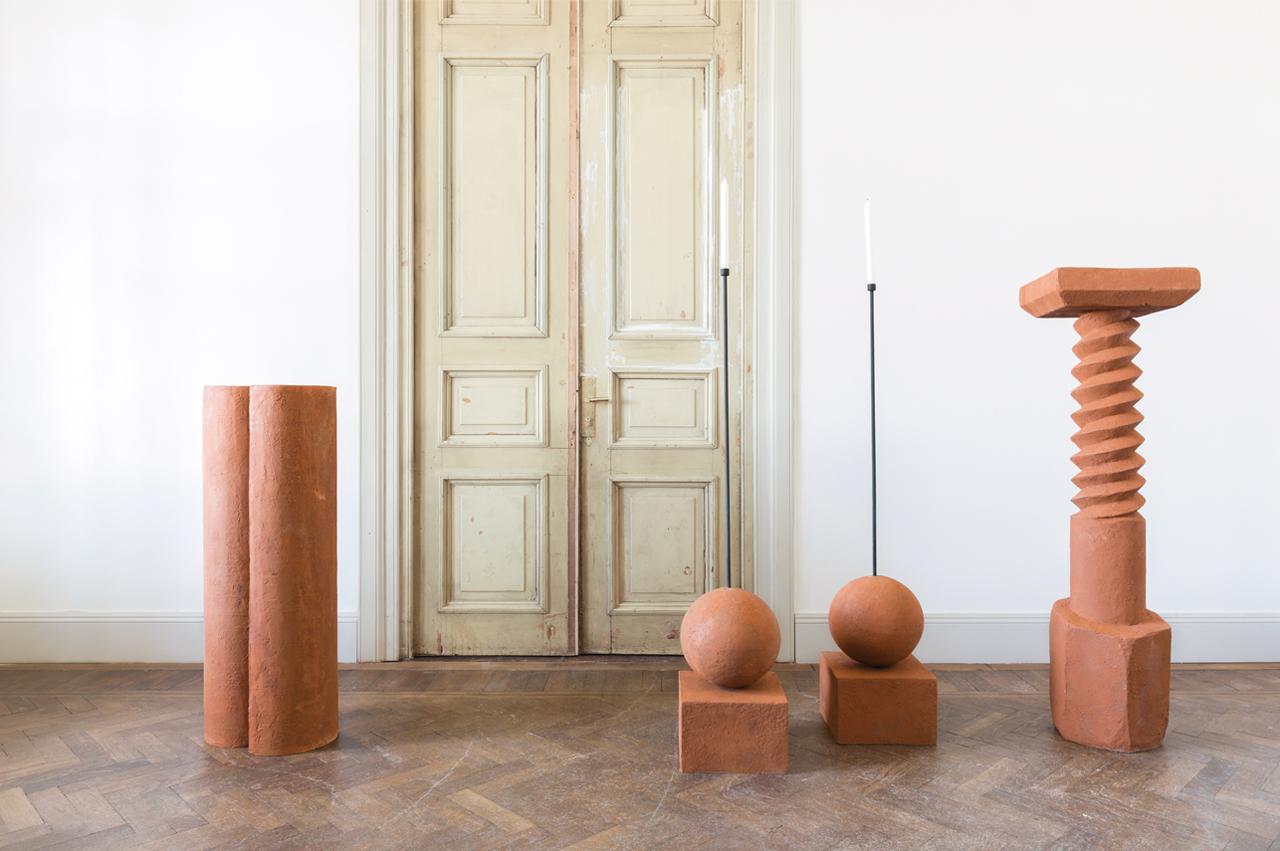 Modern Set of 2 Terracotta Pedestals, Hand Sculpted, Rooms