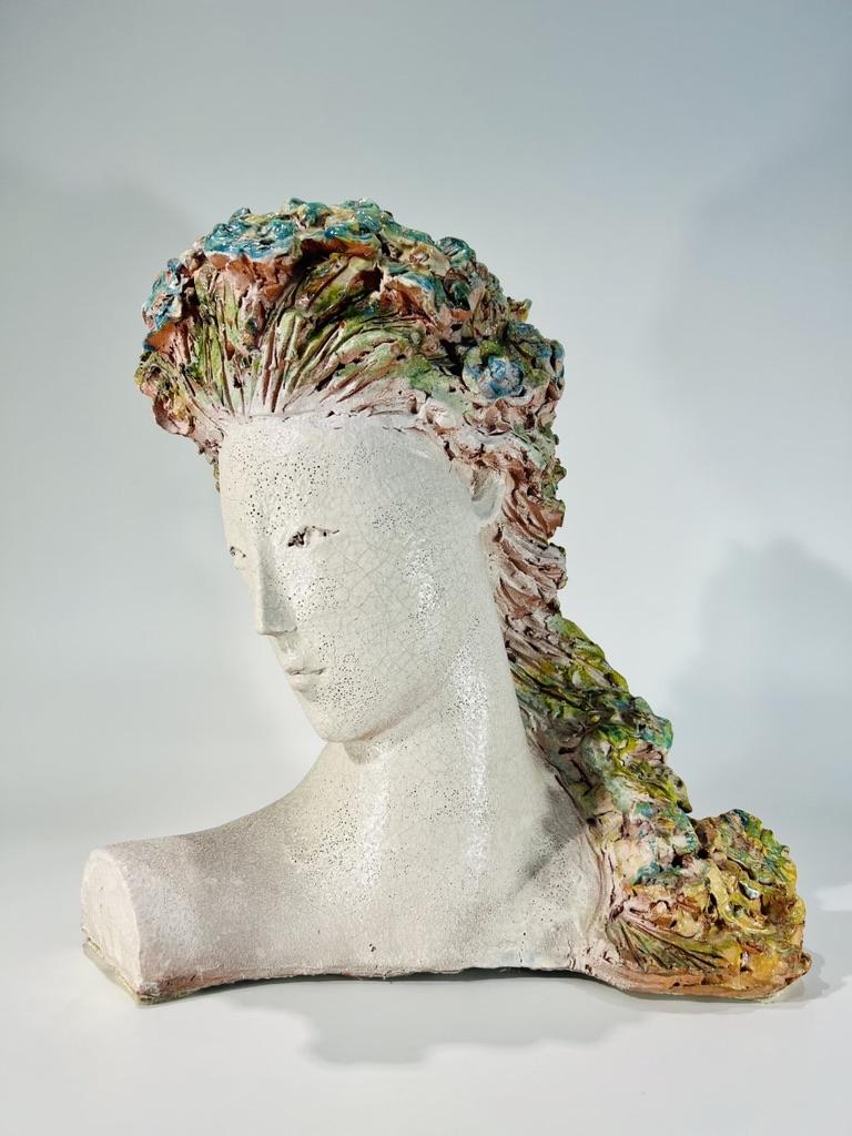 Incredible and big bust of woman with multicolor flowers in terracota signed A.TALLARI 1992