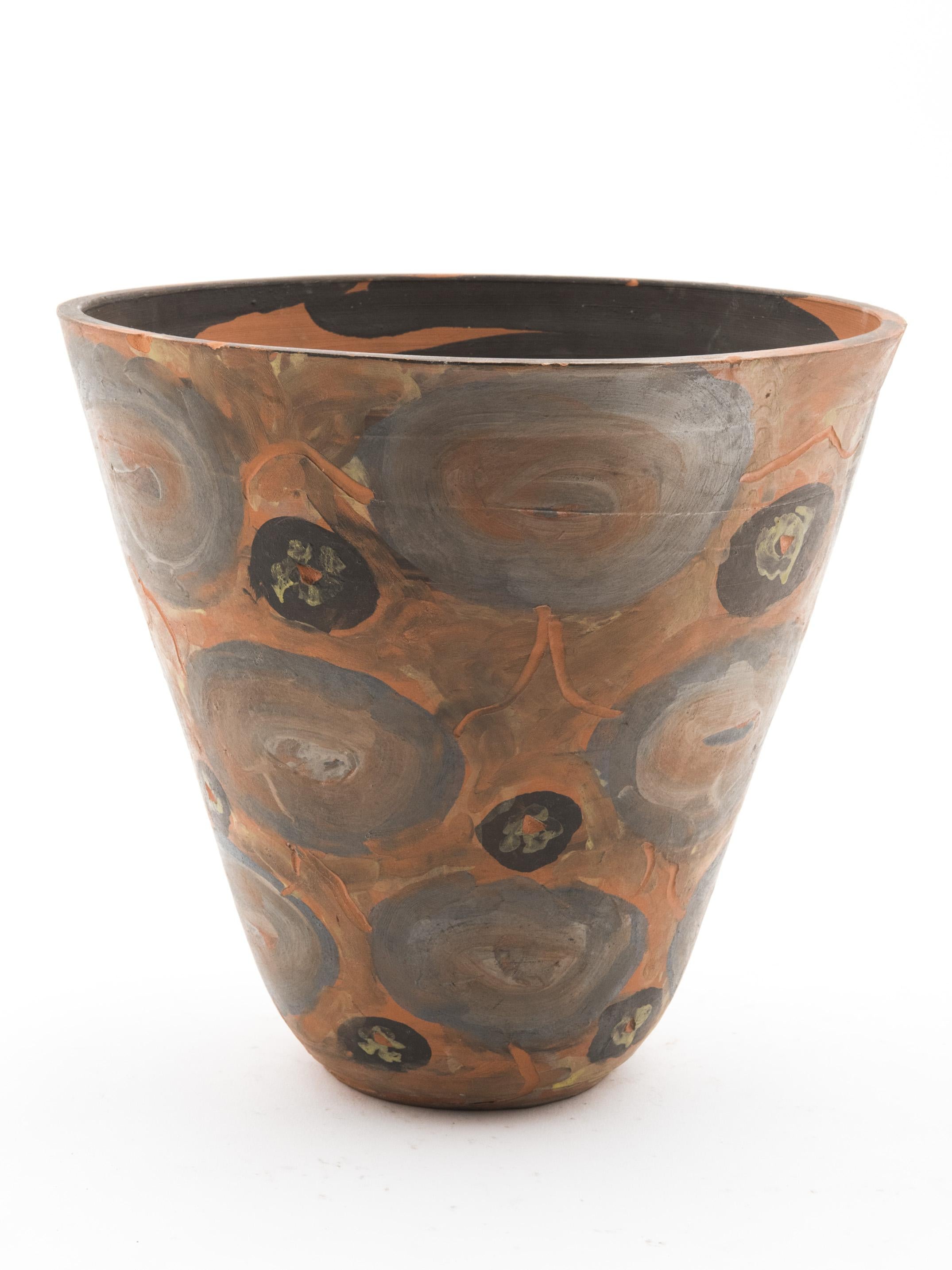 Flower-pot-shaped like terracotta painted object by Jules Agard, 1950s. Thin layer of ceramics decorated inside and out.

About the artist
Jules Agard (1905-1986) was a French ceramist who was already a renowned potter in Vallauris when Suzanne