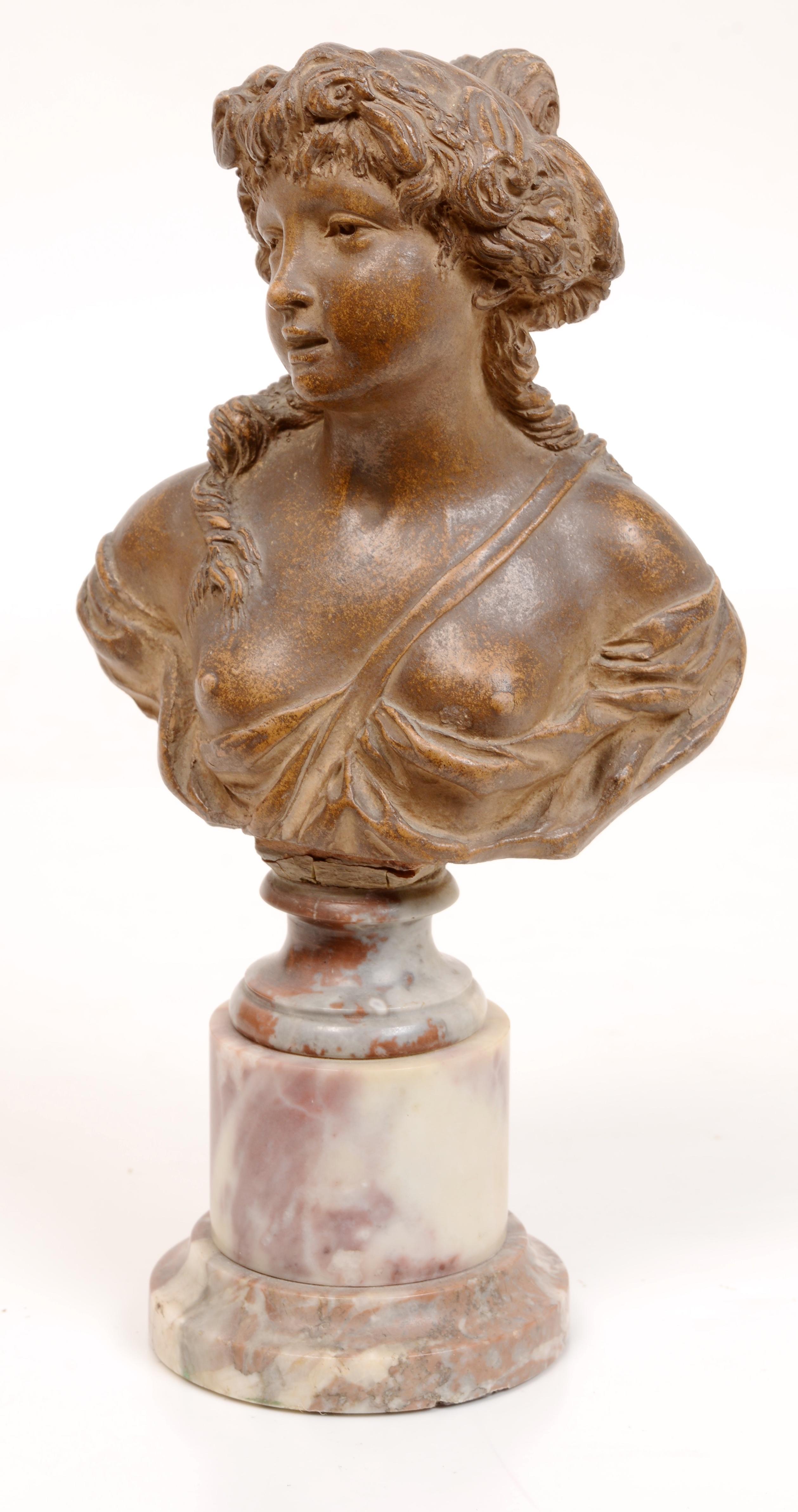 Terracotta after Clodion, A Bacchante Mounted on a Double Marble Pedestal. Signed on the back in the clay 