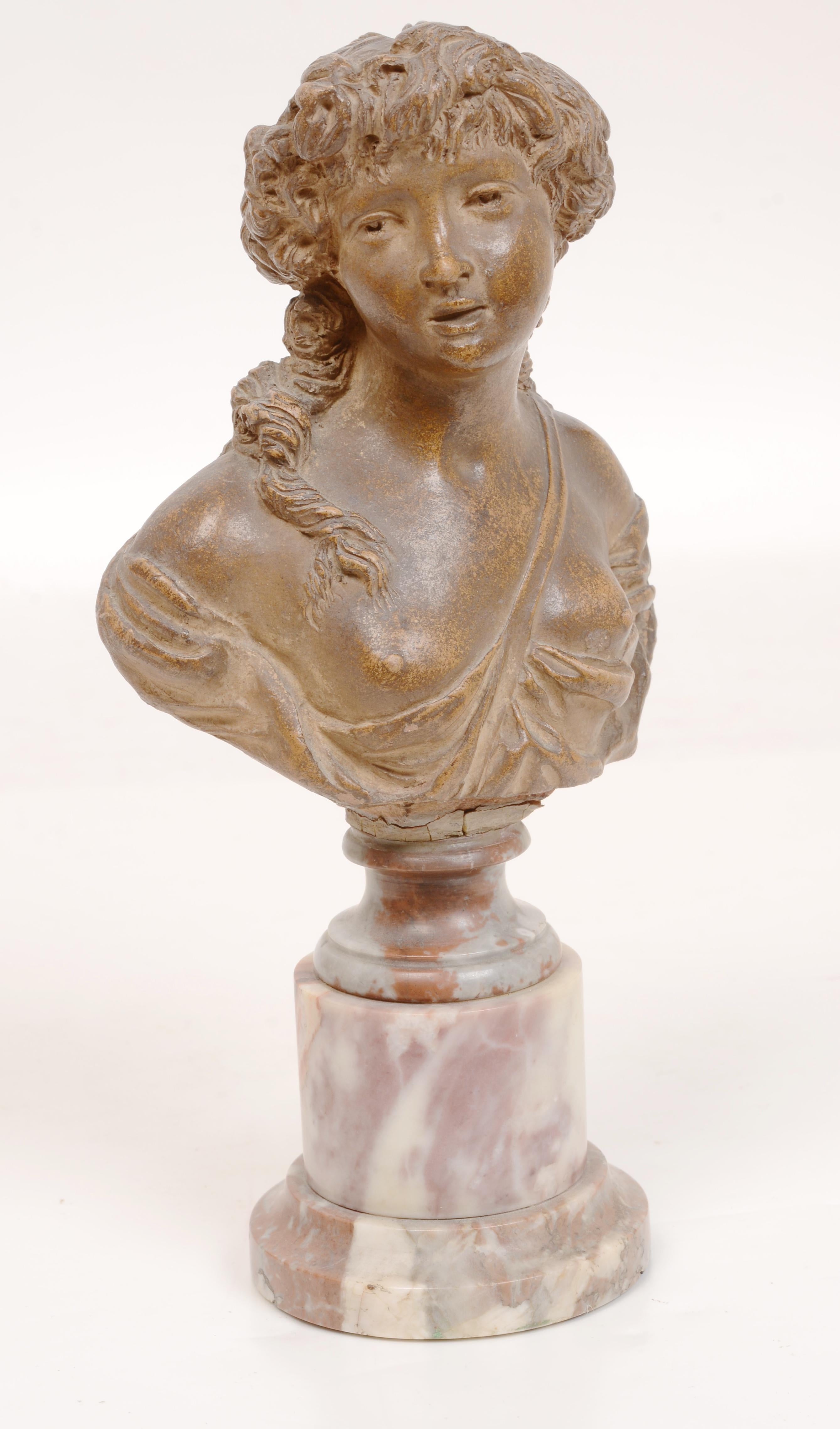 French Terracotta After Clodion, a Bacchante Mounted on a Double Marble Pedestal For Sale