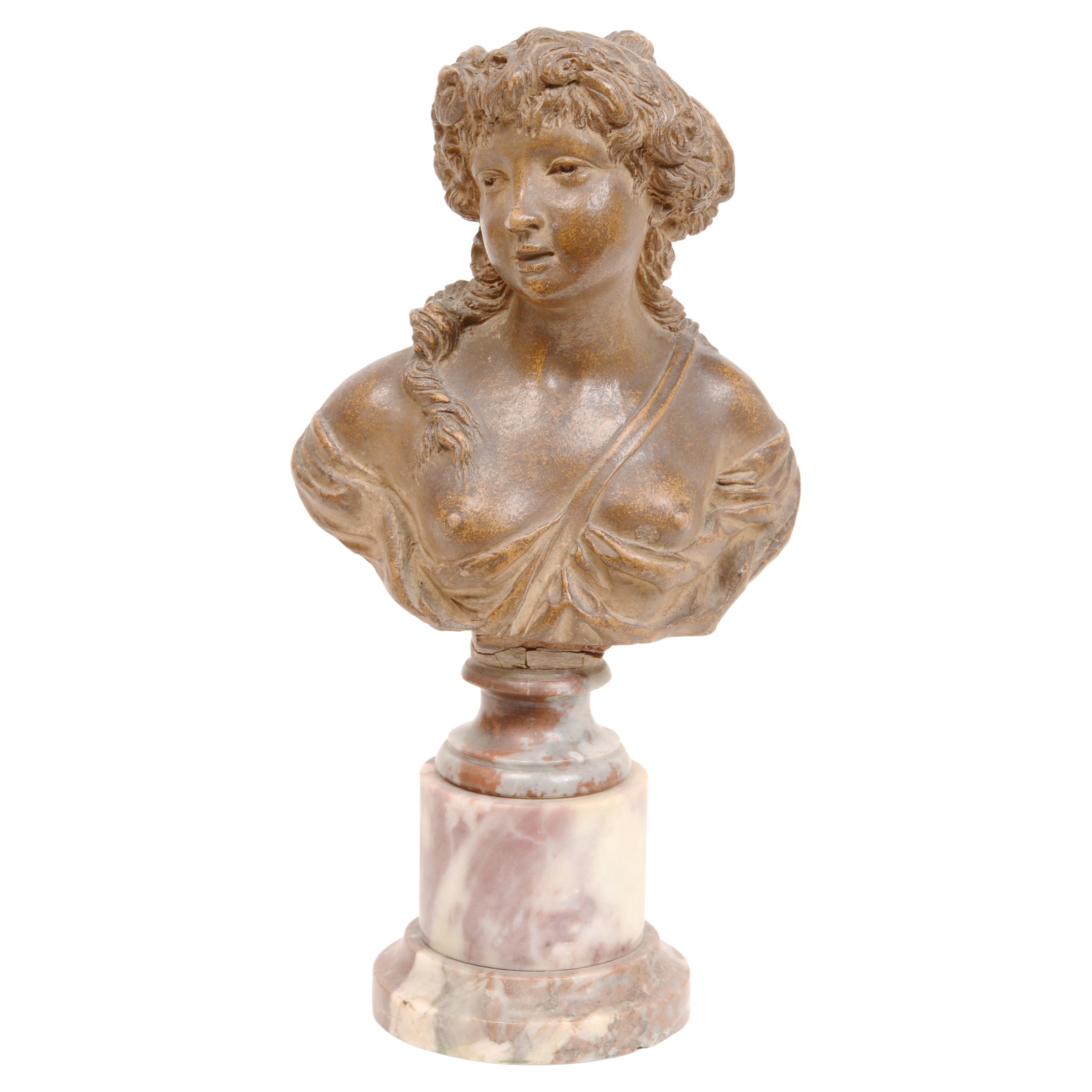 Terracotta After Clodion, a Bacchante Mounted on a Double Marble Pedestal For Sale