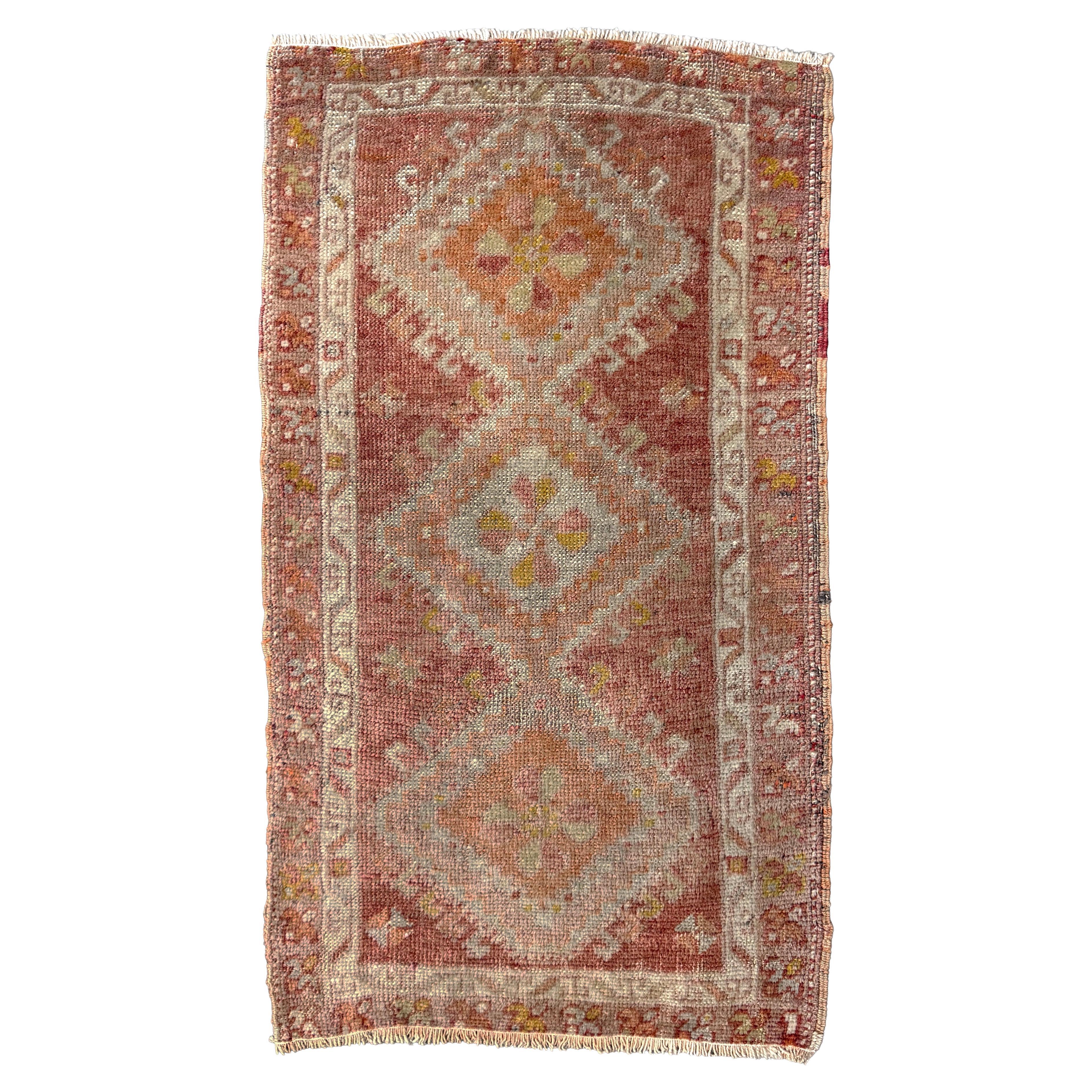 Terracotta Anatolian Yastik • Antique Handmade Turkish Mini Rug  • 1930s For Sale