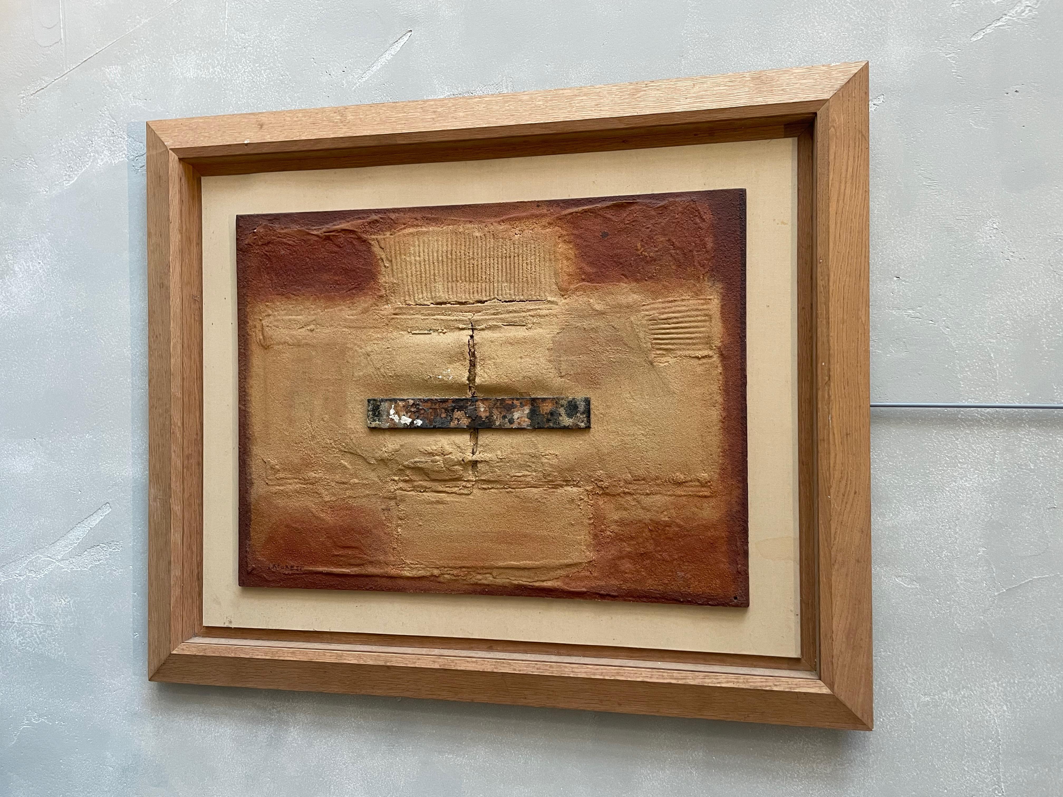 1980's French abstract by artist Largrest.
Terracotta and beige hi-lo textured paint.
Weathered metal bar in center of painting.
Oak frame.
Signed by the artist.
