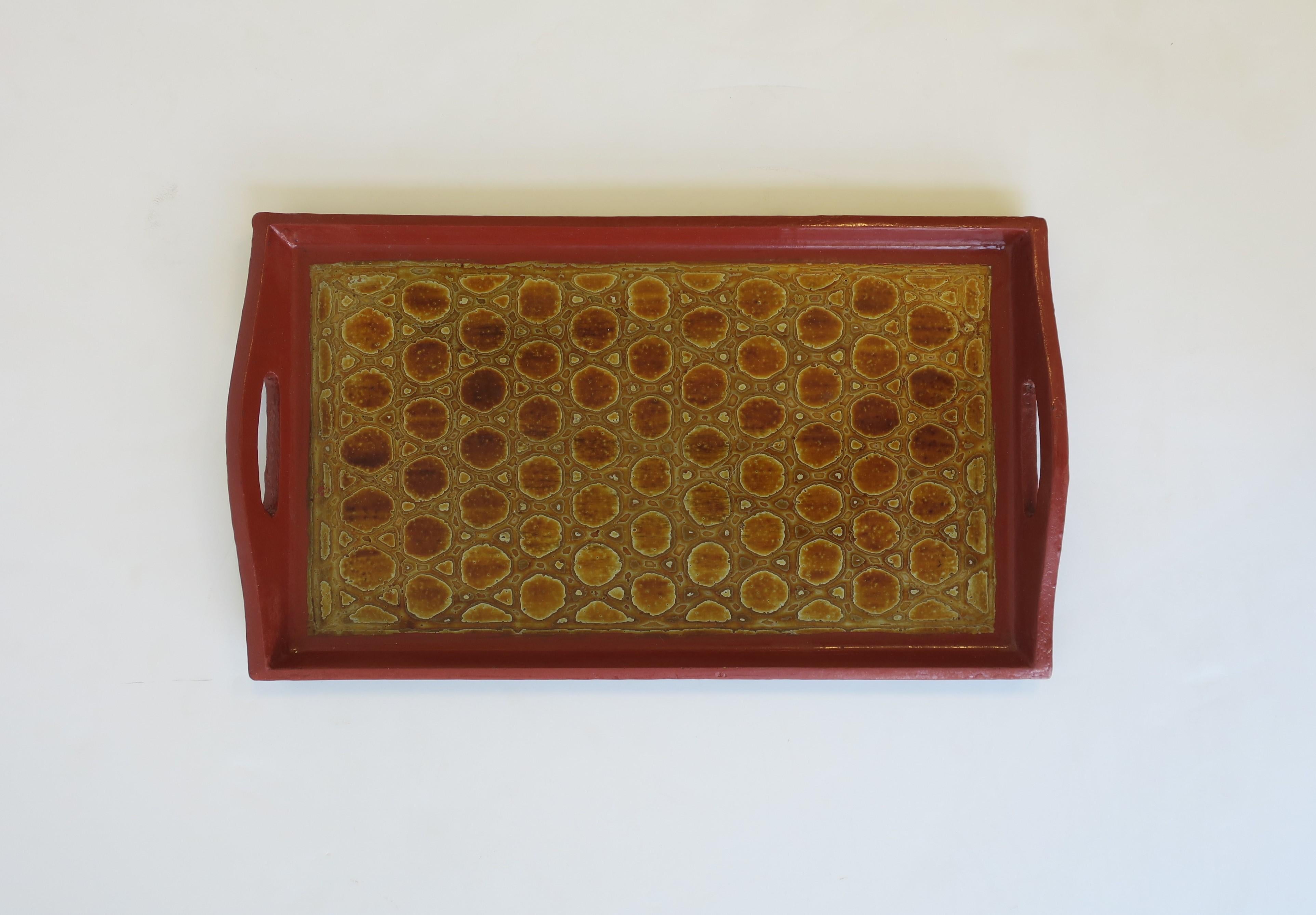 Red Burgundy, Gold and Black Lacquer Tray with Reptile-esque Design 4