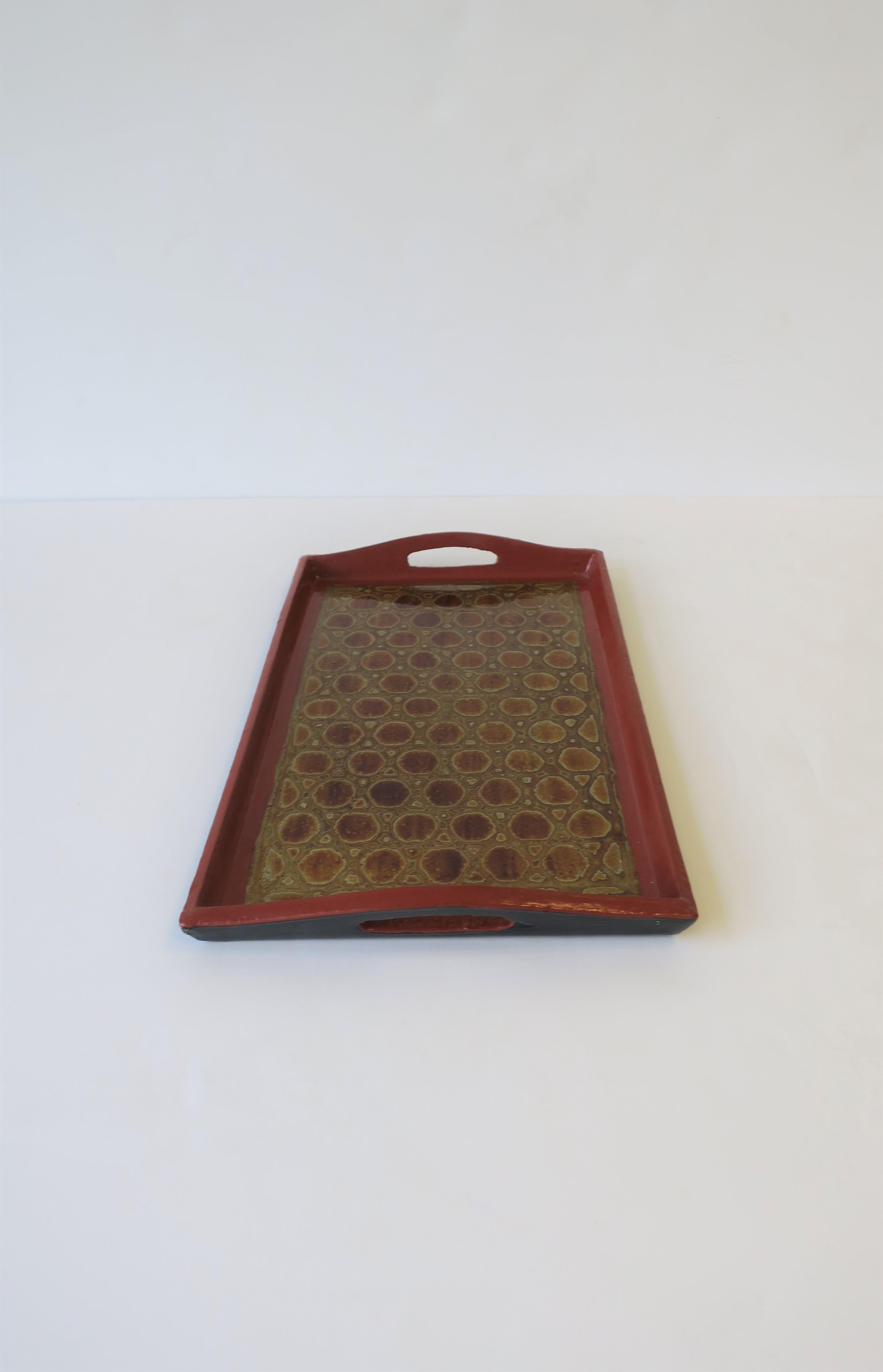 Red Burgundy, Gold and Black Lacquer Tray with Reptile-esque Design 7