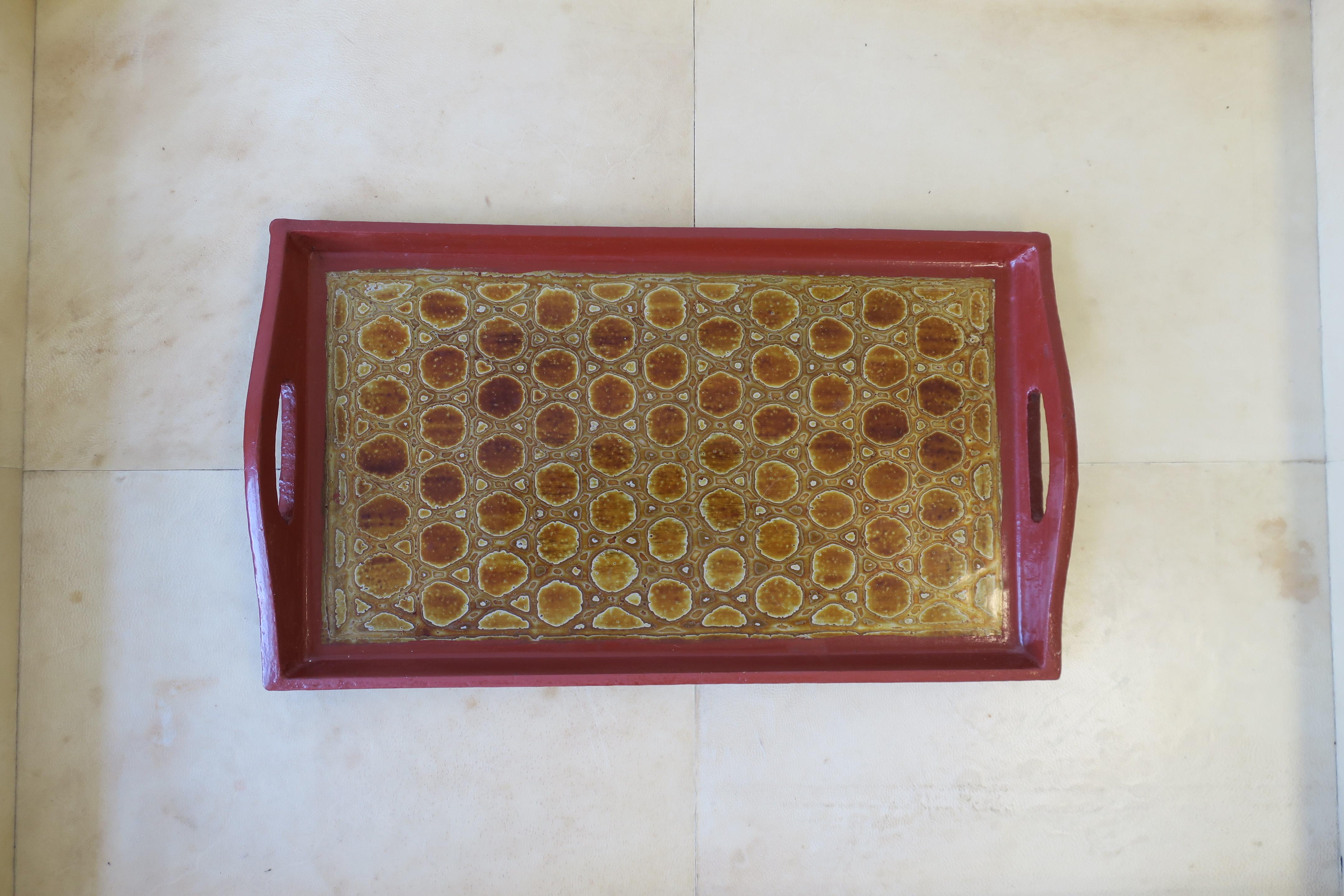 Hollywood Regency Red Burgundy, Gold and Black Lacquer Tray with Reptile-esque Design