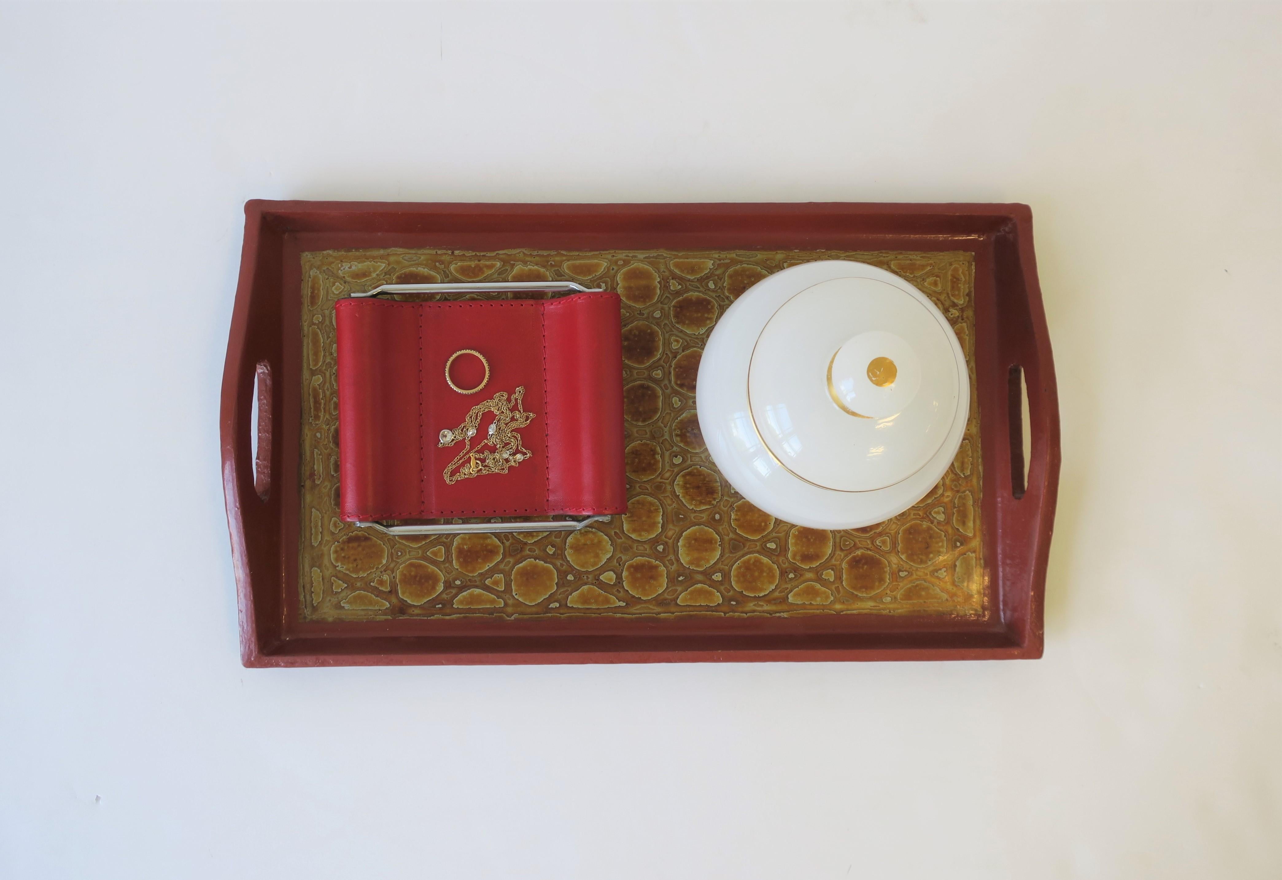 Red Burgundy, Gold and Black Lacquer Tray with Reptile-esque Design 2