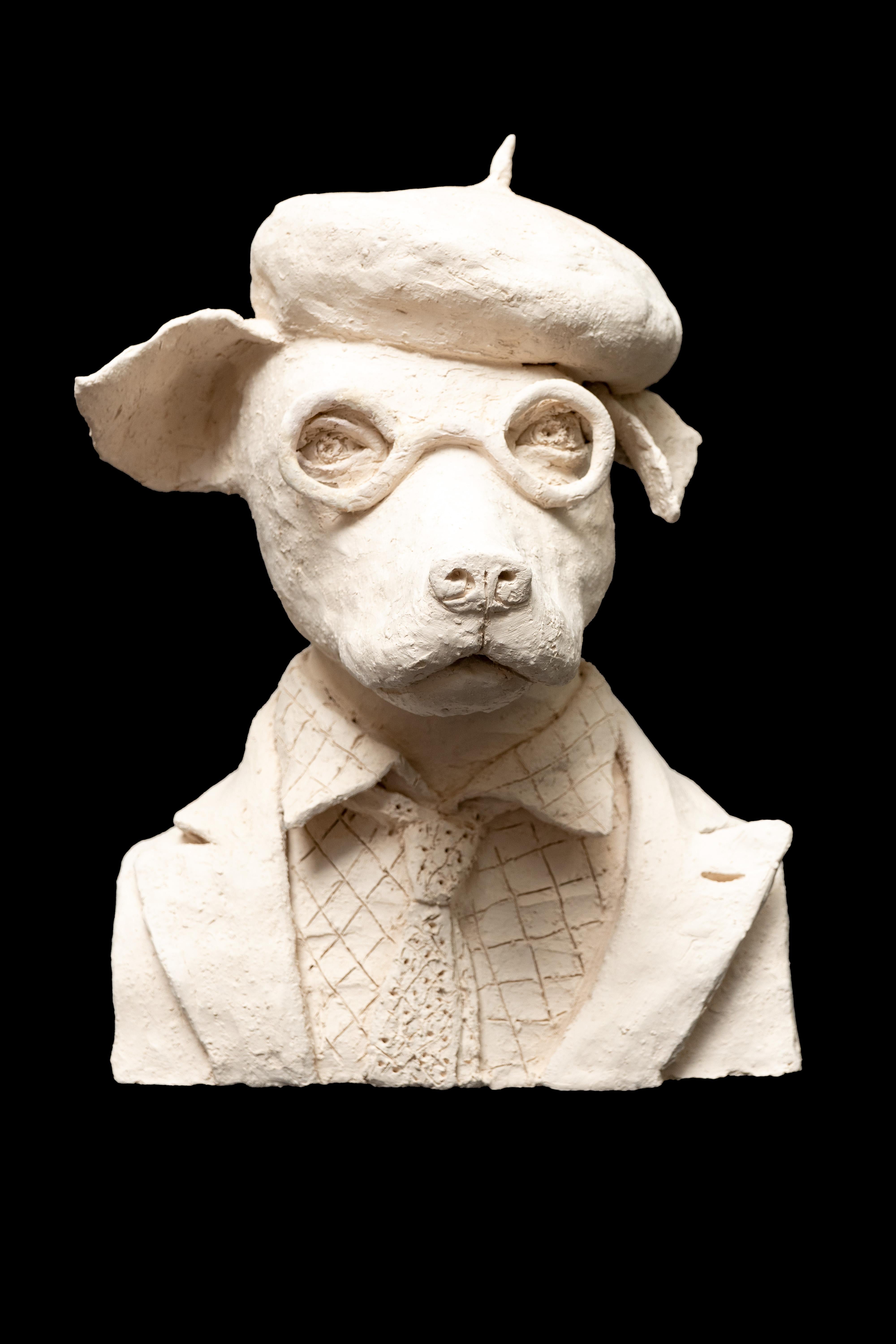 Terracotta Anthropomorphic Bust of Dog with Beret and eyeglasses. A charming one-of-a-kind sculpture made in France. Measure: 13