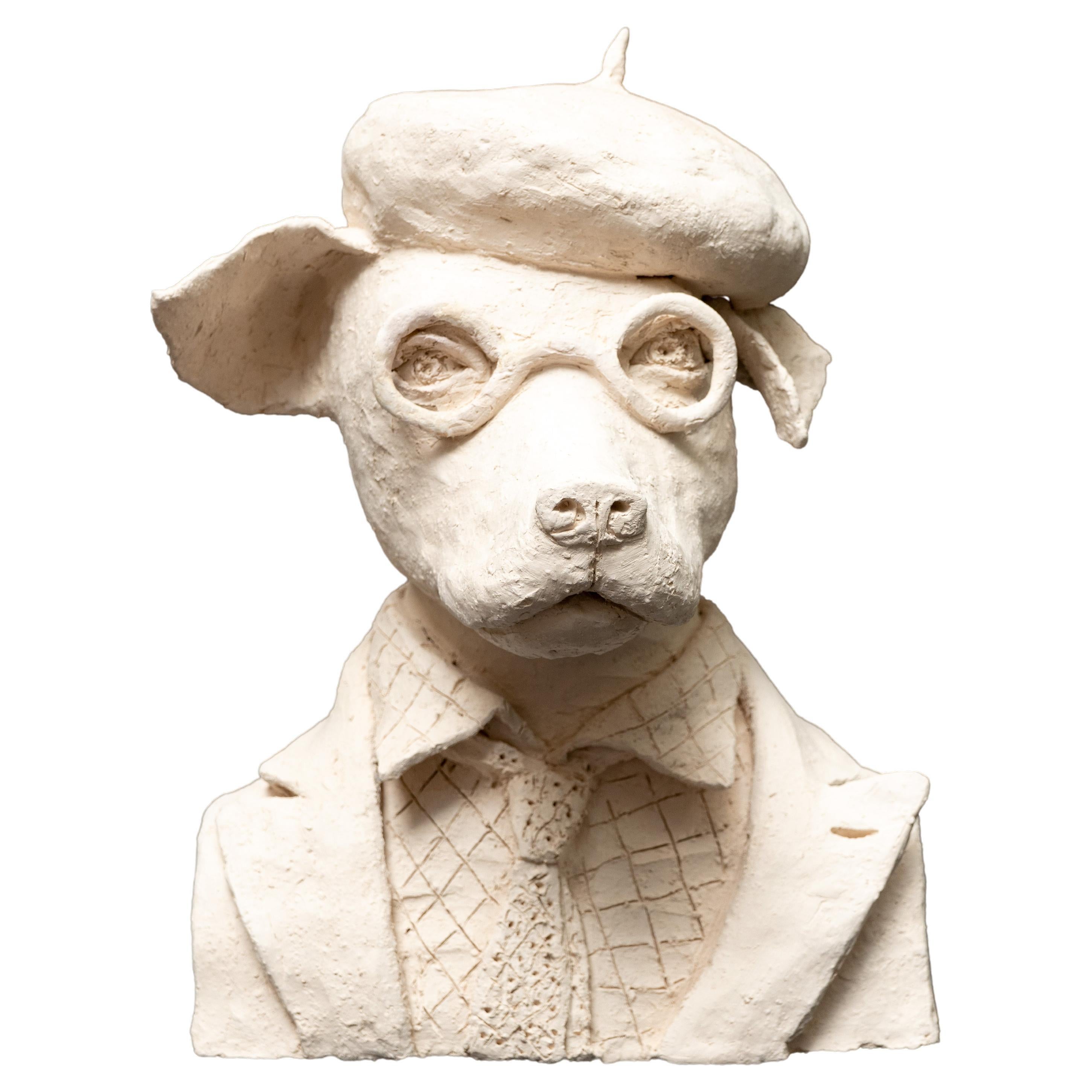 Terracotta Anthropomorphic Bust of Dog with Beret and Eyeglasses